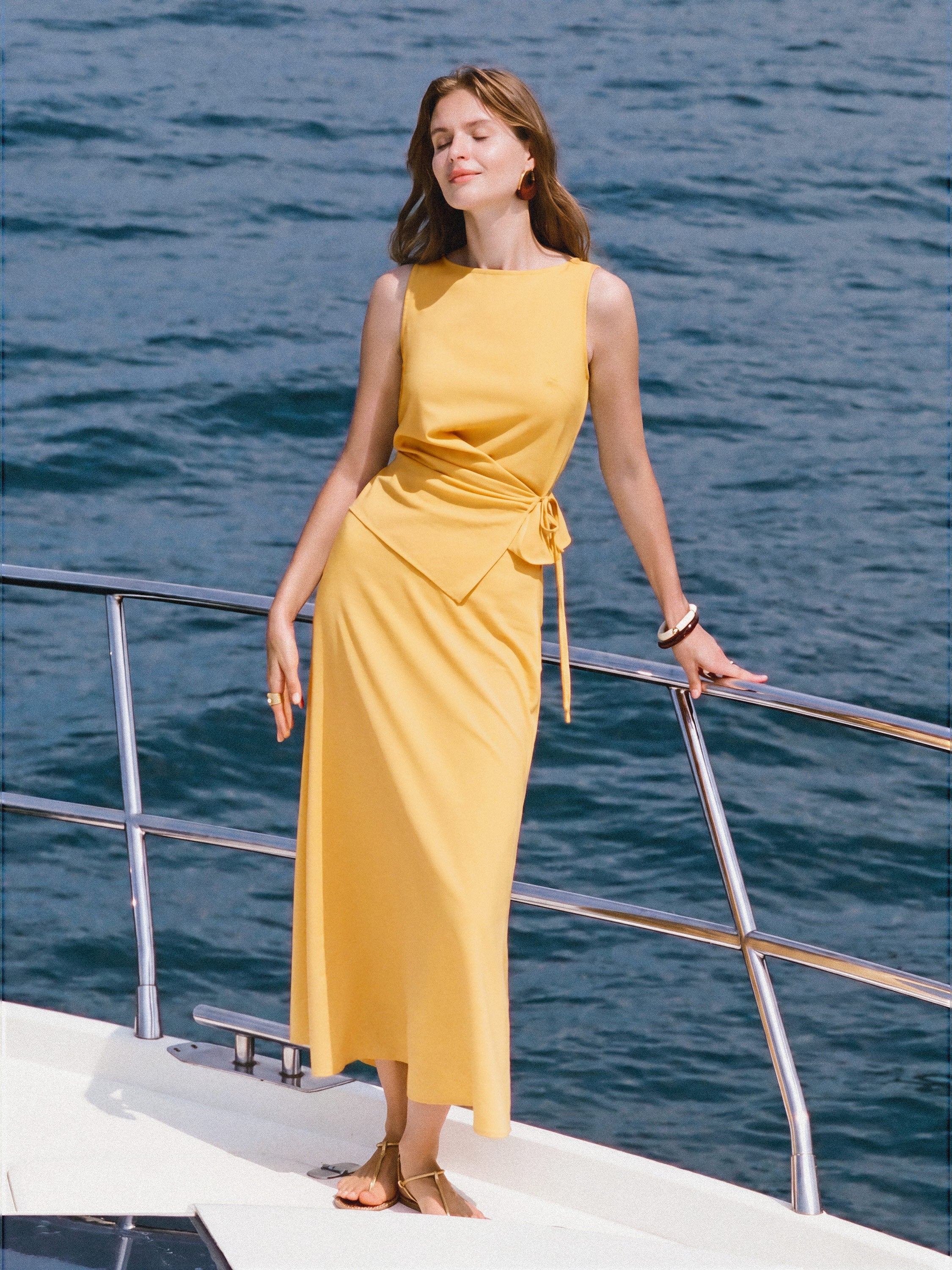 OGLmove Boatneck Waist-Defined Top & Maxi Flared Pull-On Skirt Set