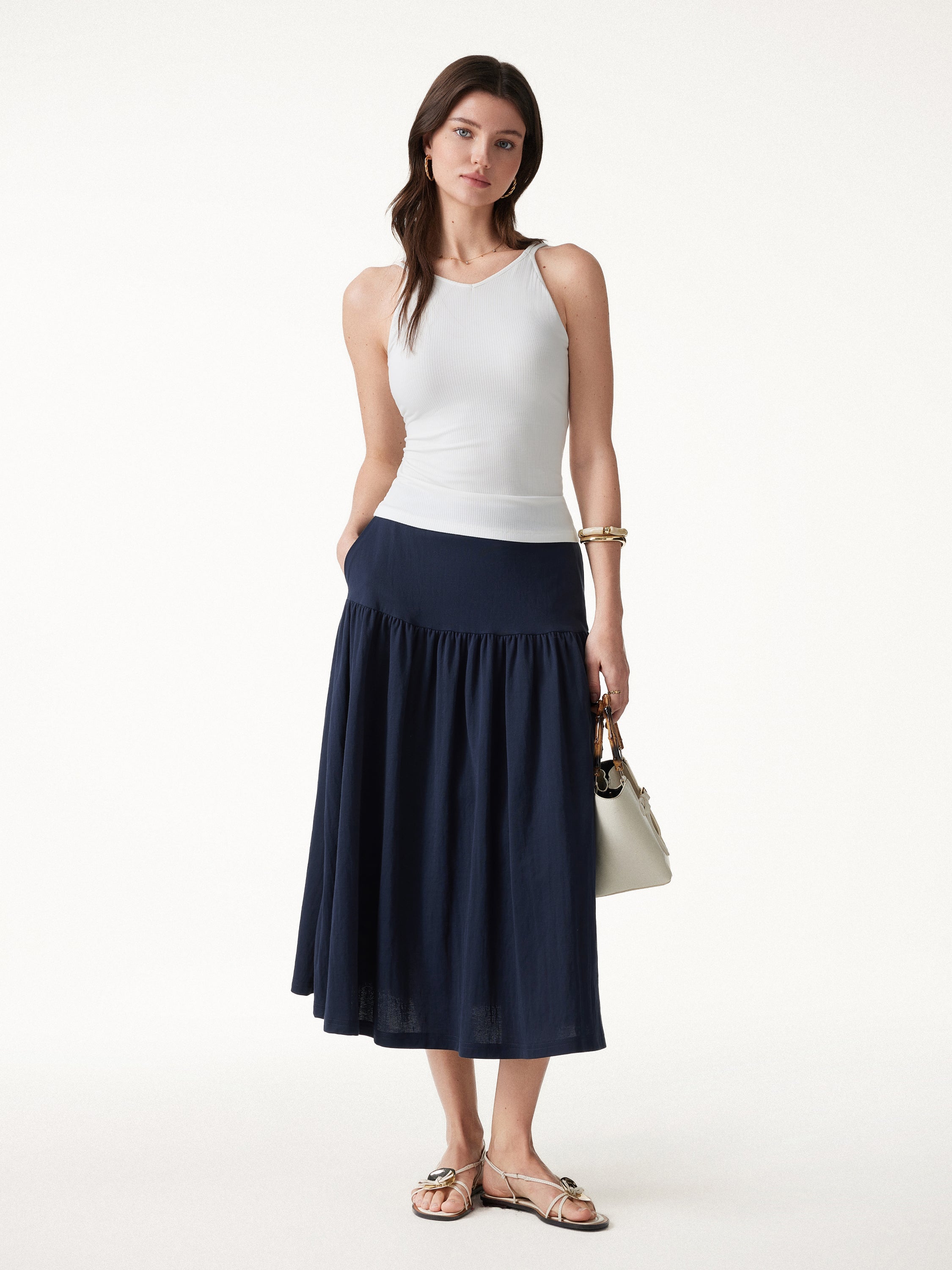 OGLmove Cotton-Linen Gathered Midi Skirt with Pockets