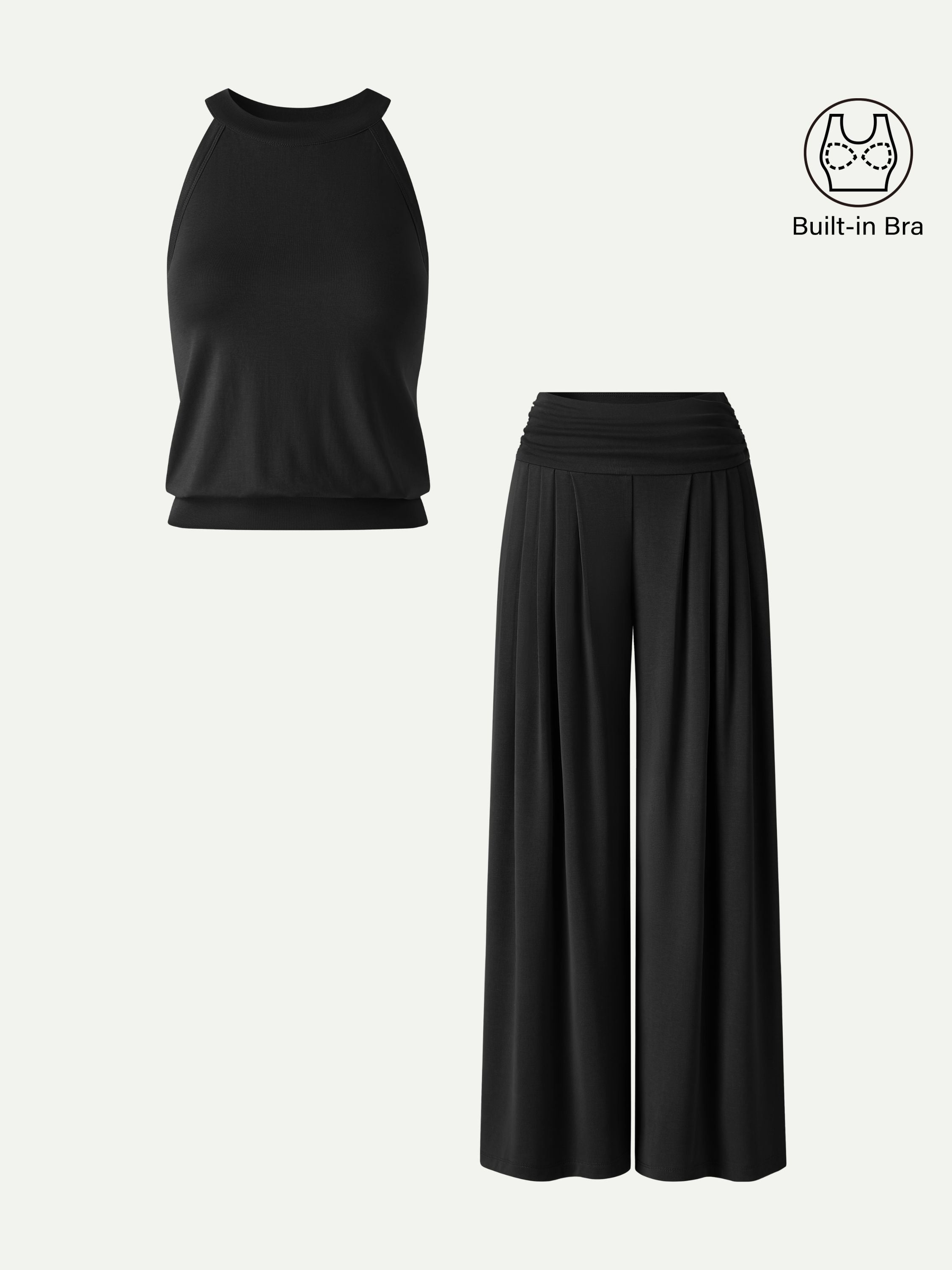 OGL 2-Piece Halter Neck Bra Tank & Tucked Pants with Pockets Set
