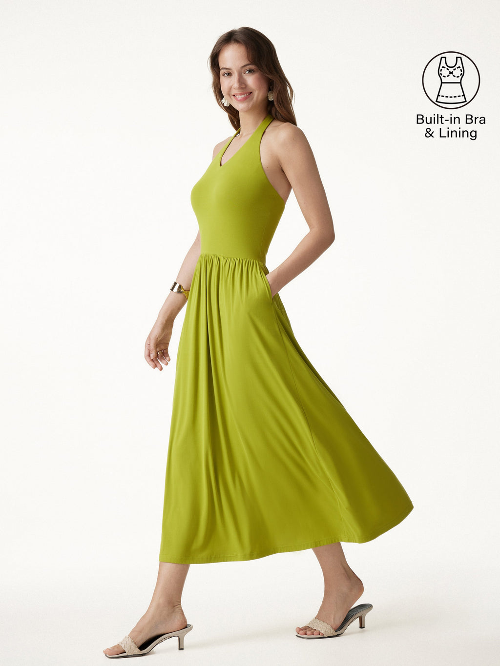 OGLmove SkinKiss Halter Ruched Midi Bra Dress with Pockets