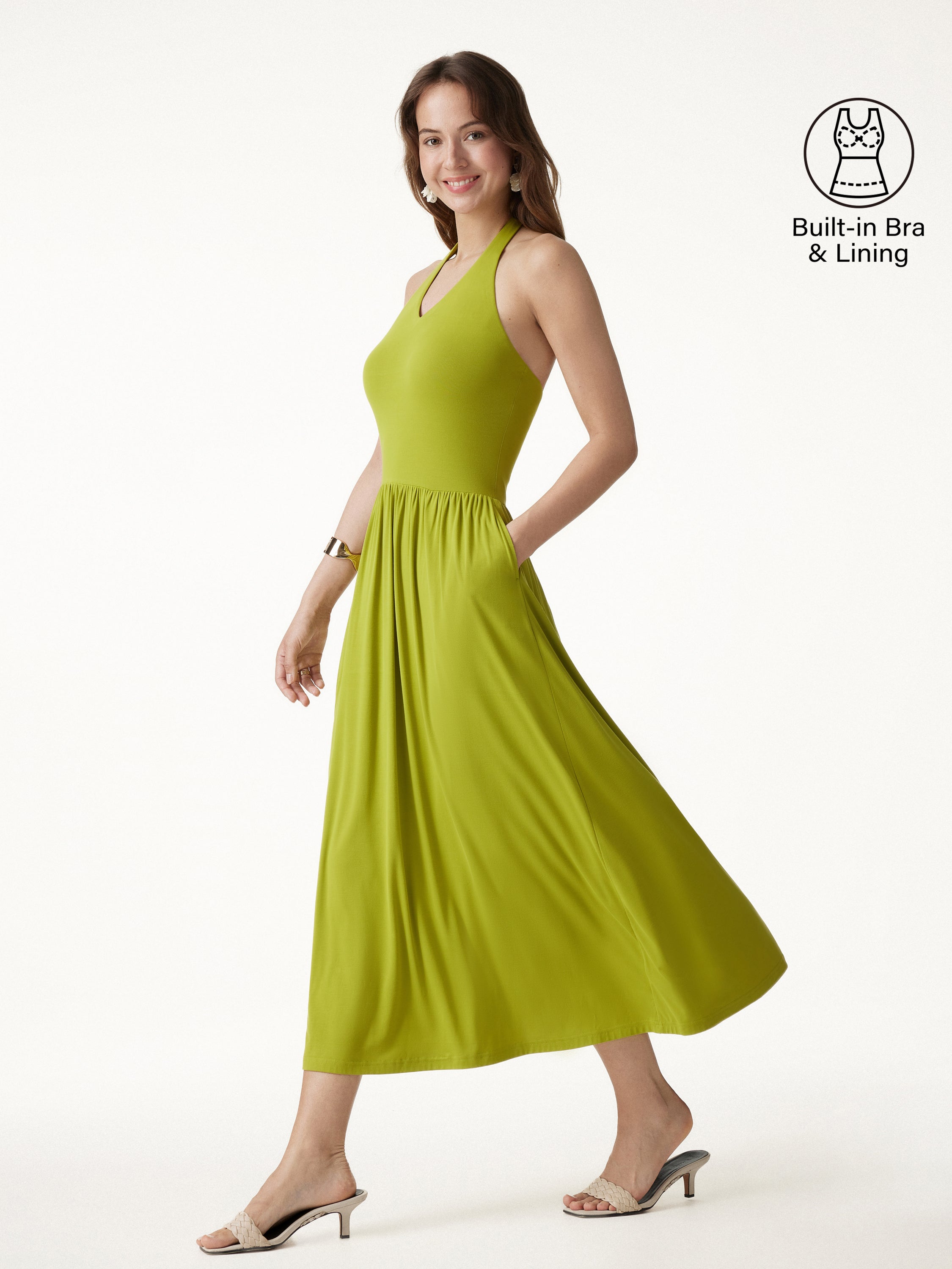 OGLmove SkinKiss Halter Ruched Midi Bra Dress with Pockets