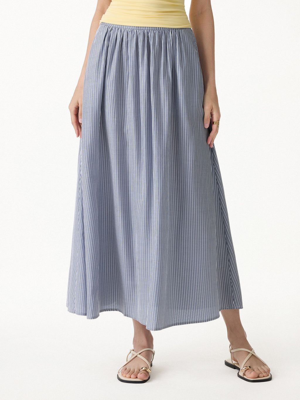 OGLmove Striped Poplin High Rise Umbrella Midi Skirt with Pockets