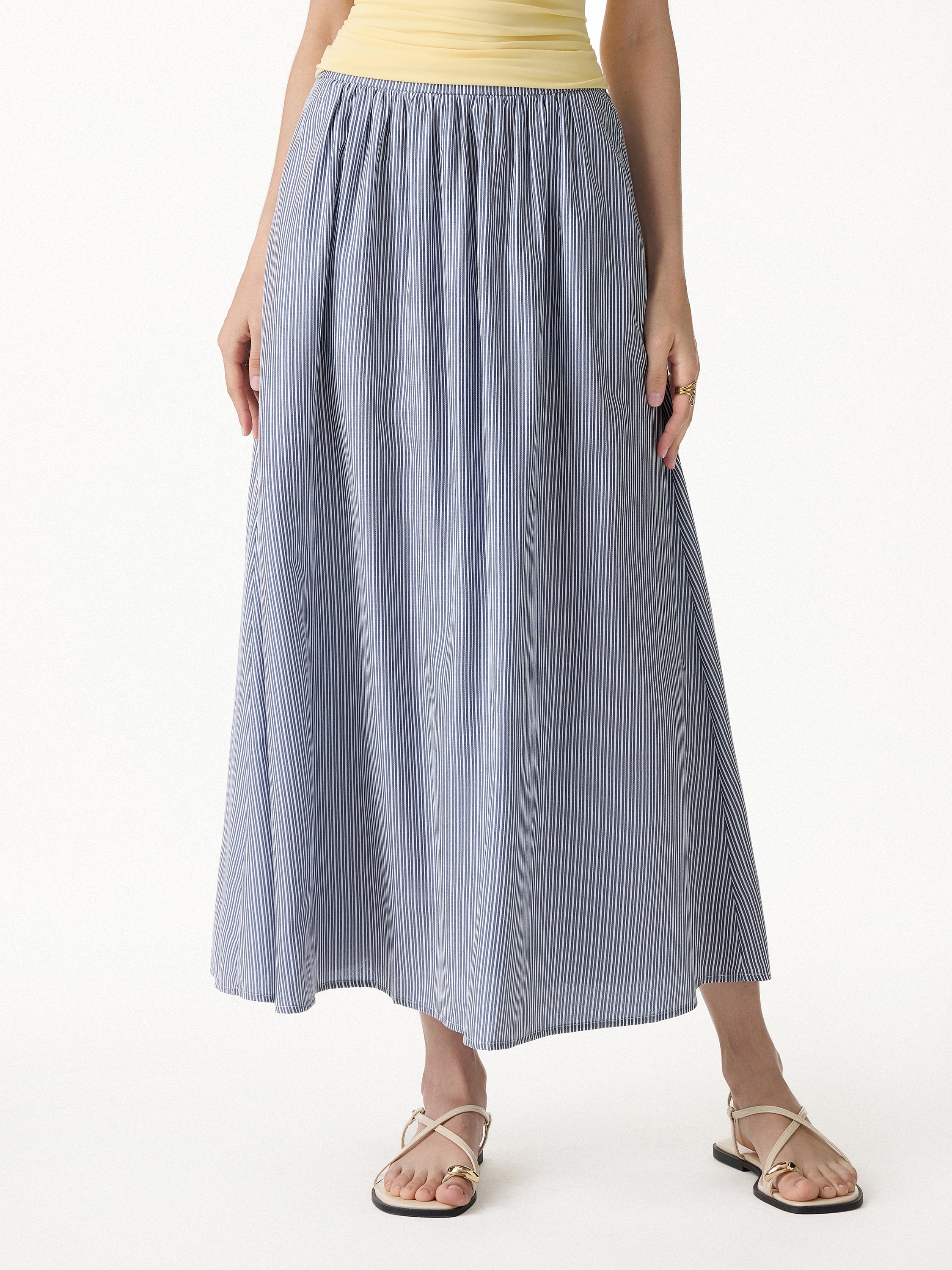 OGLmove Striped Poplin High Rise Umbrella Midi Skirt with Pockets