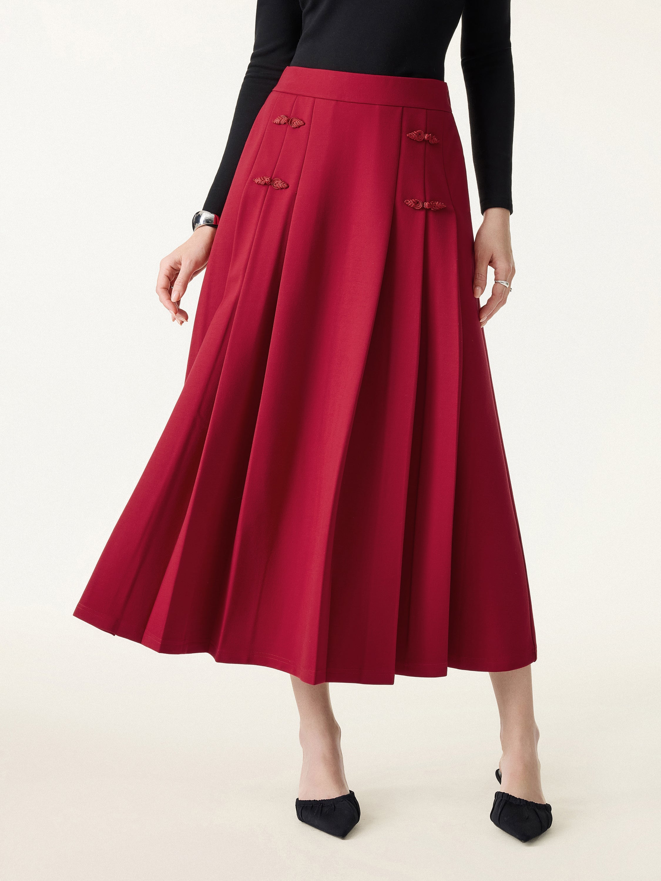 OGLmove Pleated Frog Button Decor A-Line Midi Skirt