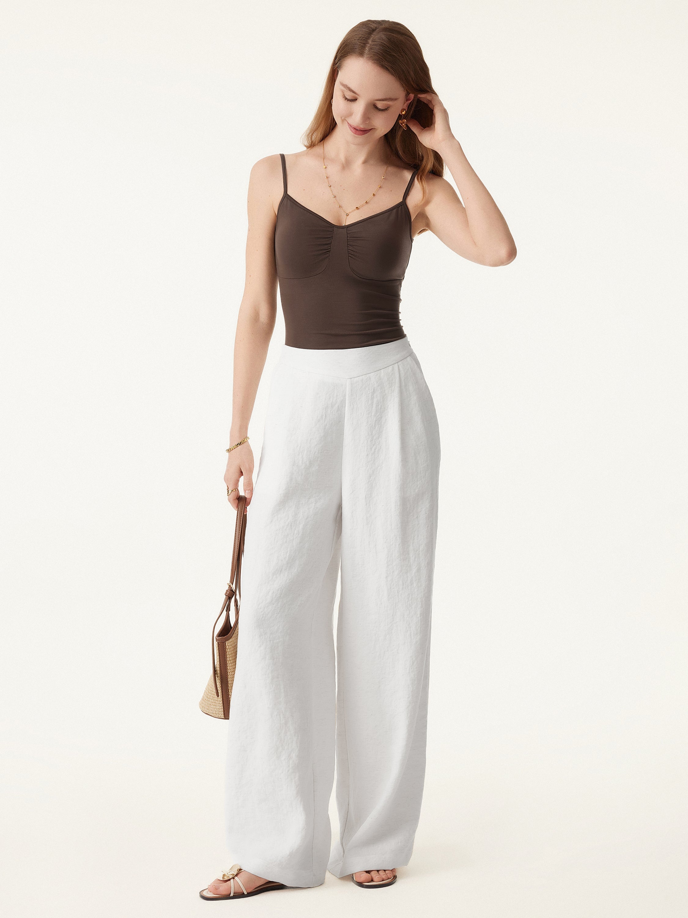 OGLmove Breezy Linen Mid Rise Wide Leg Pant With Pockets
