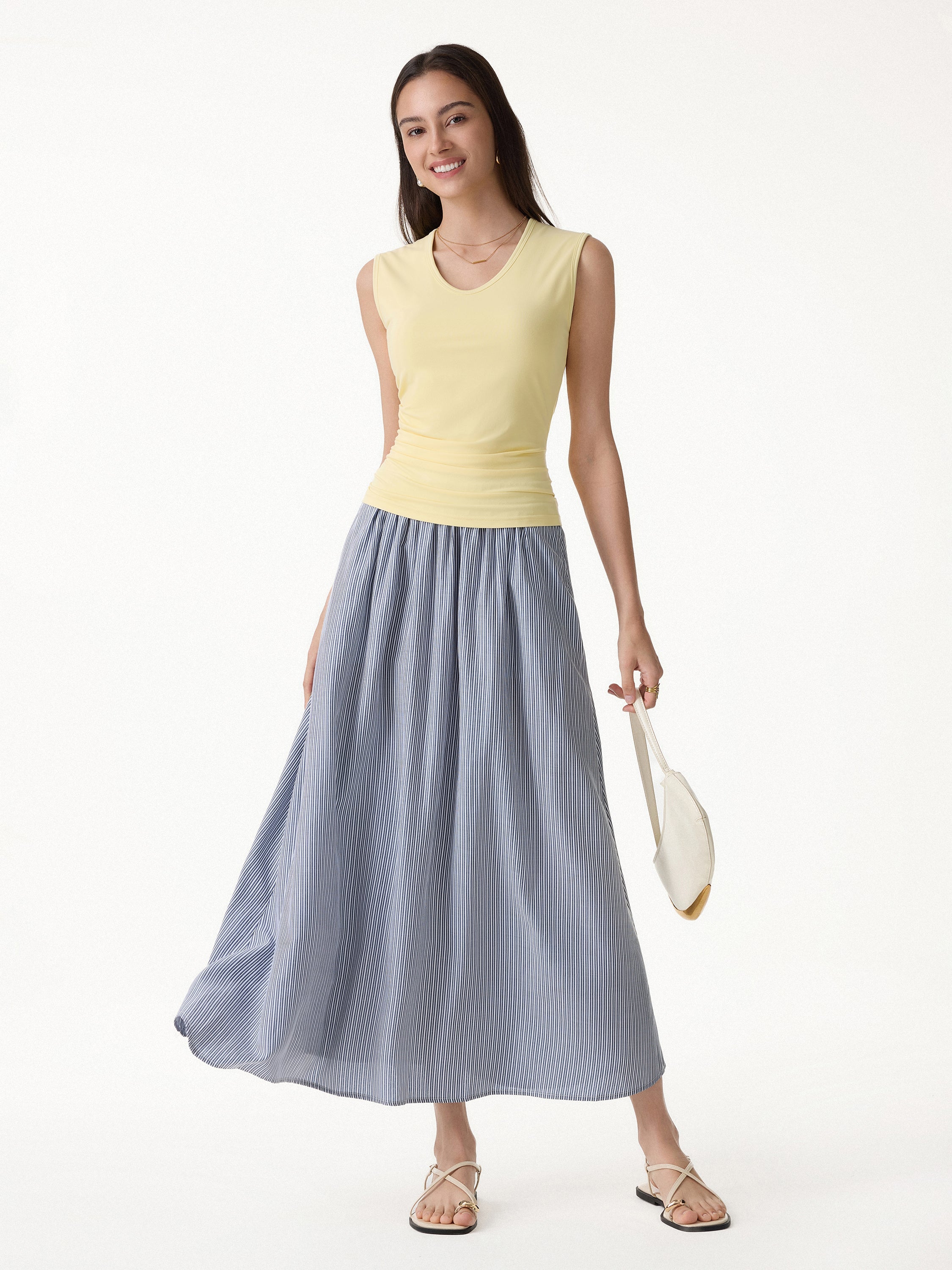 OGLmove Striped Poplin High Rise Umbrella Midi Skirt with Pockets