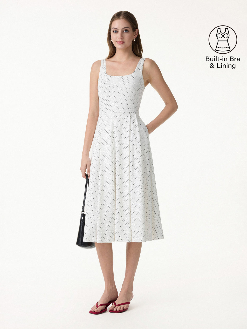 OGLmove Women's Stretch Cotton Square Neck Midi Bra Dress with Pockets