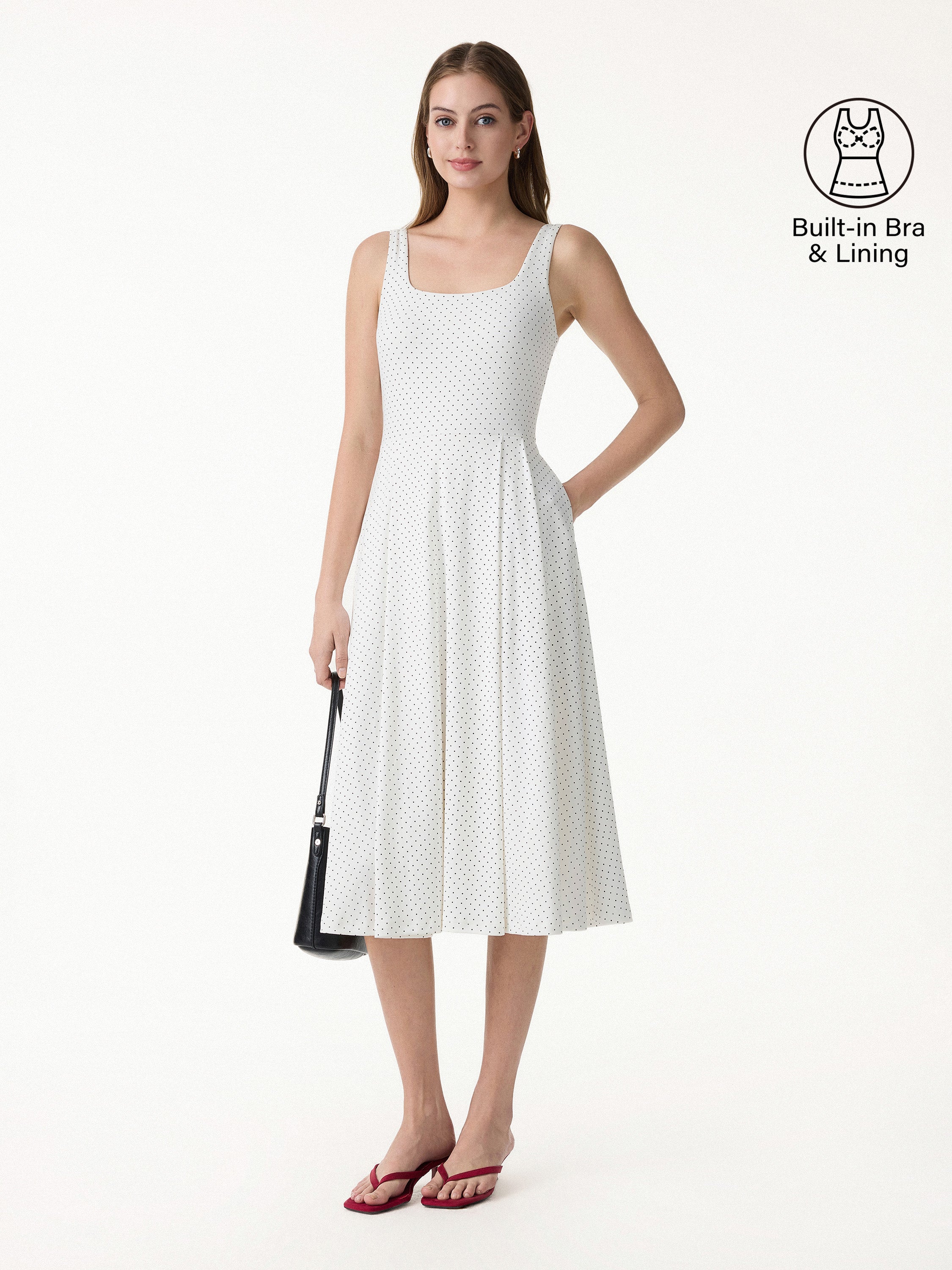 OGLmove Women's Stretch Cotton Square Neck Midi Bra Dress with Pockets