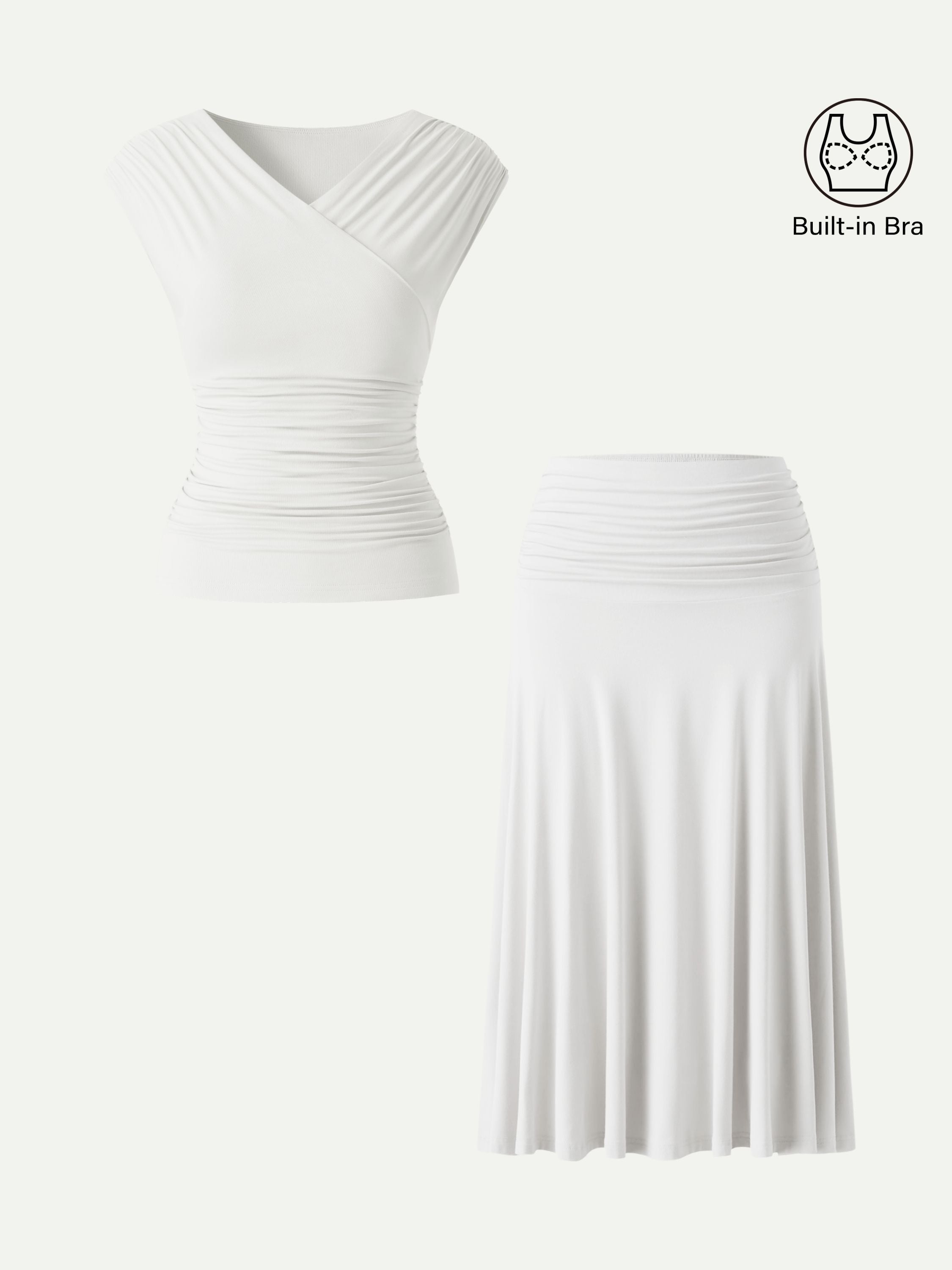 OGLmove 2Pcs Set Surplice V-Neck Bra Top & Side Ruched A-line Midi Skirt