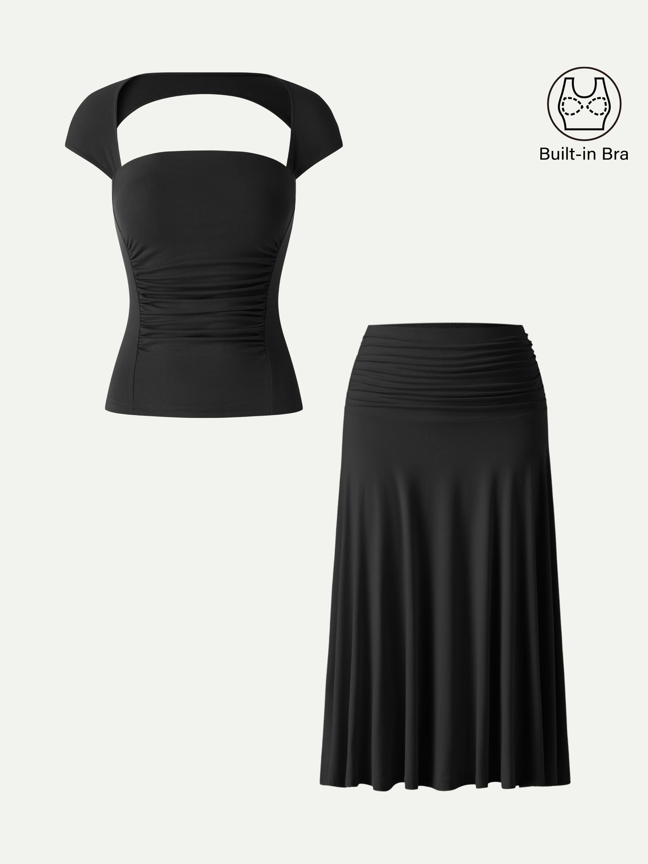 OGLmove Women's Square Neck Cutout Back Bra Top & A-Line Midi Skirt Set