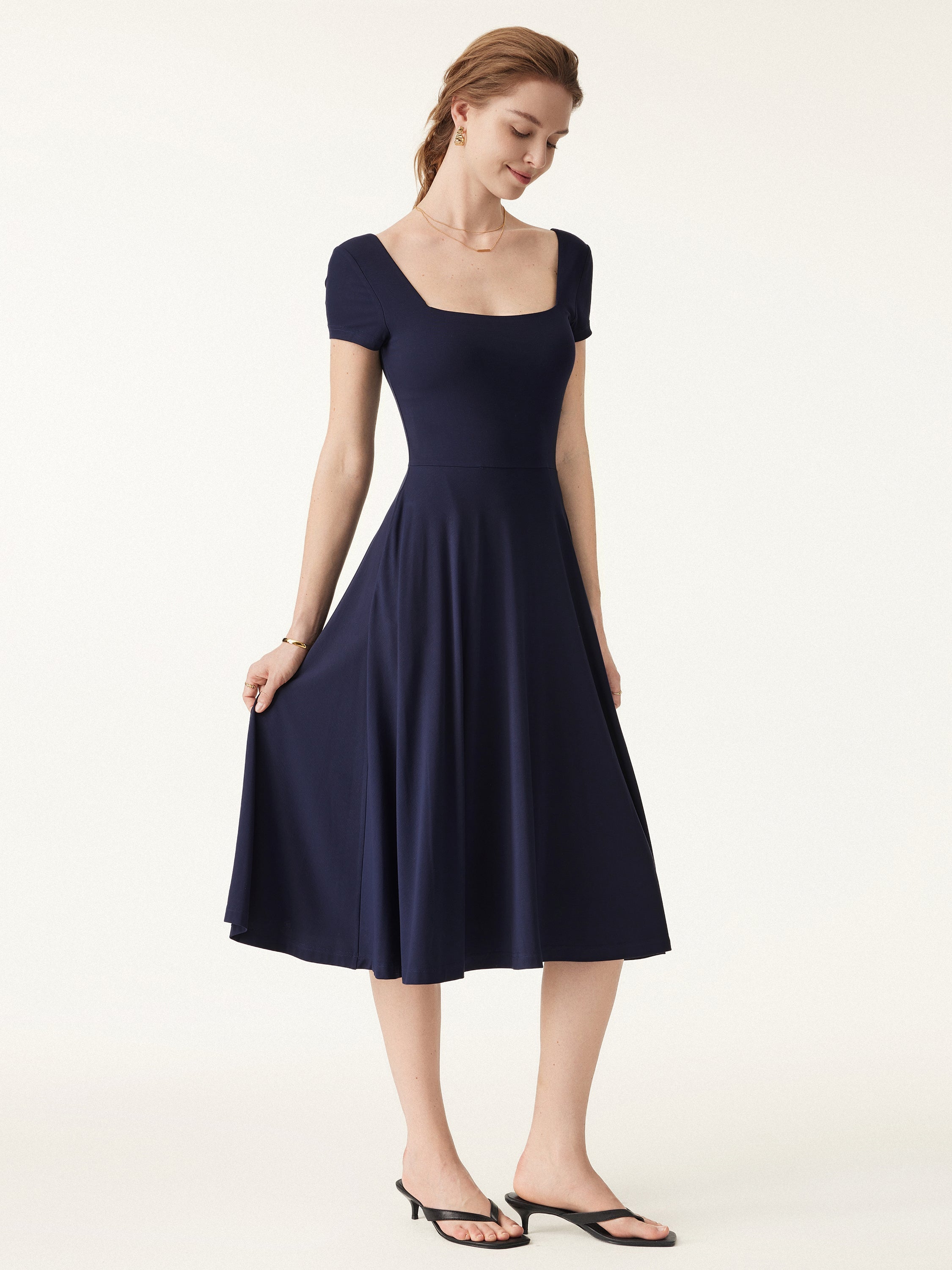 OGLmove Women's Flowy Square Neck Short Sleeve Midi Bra Dress