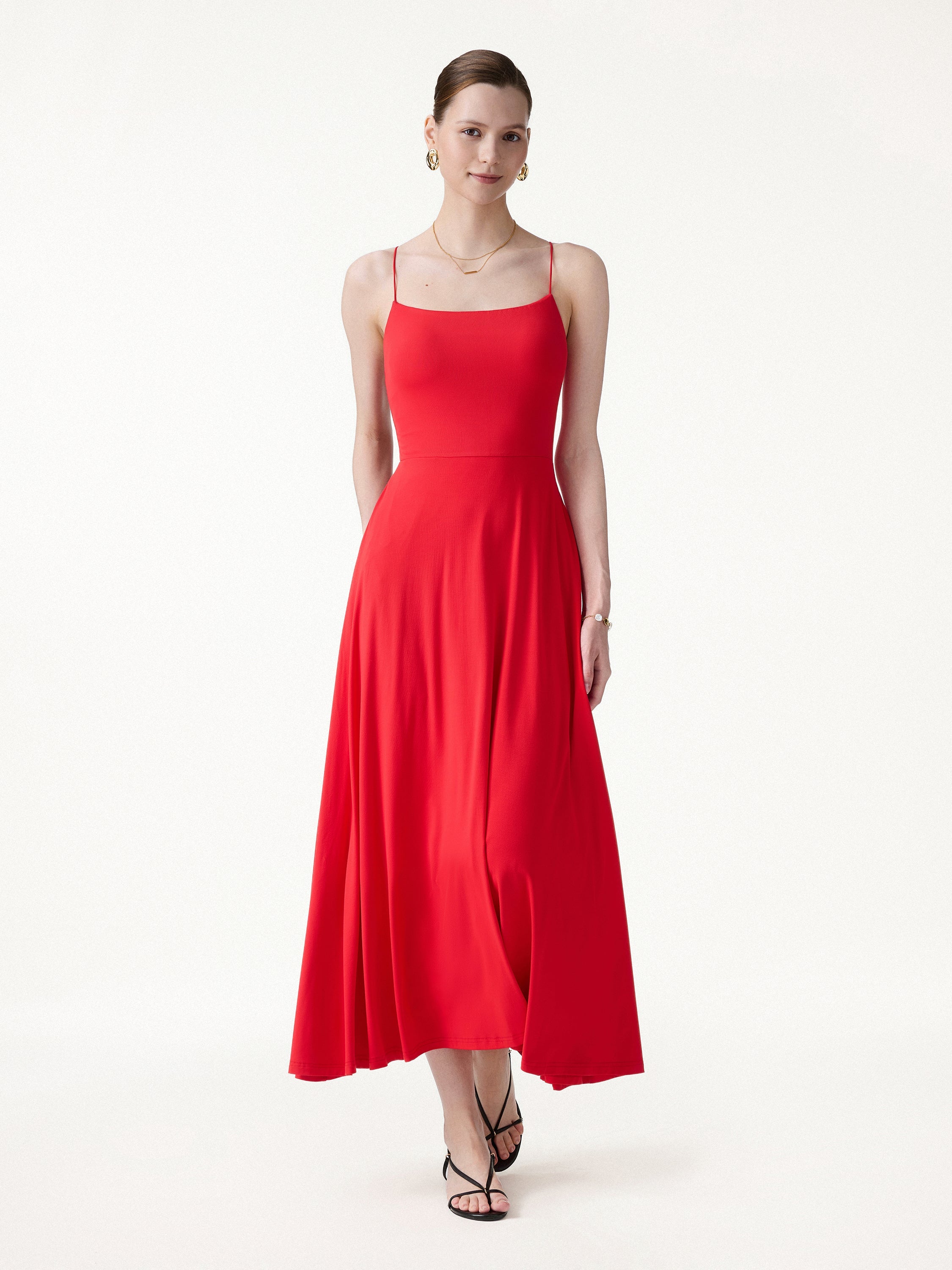 OGLmove Women's Square Neck Spaghetti Open Back Midi Bra Dress with Pockets