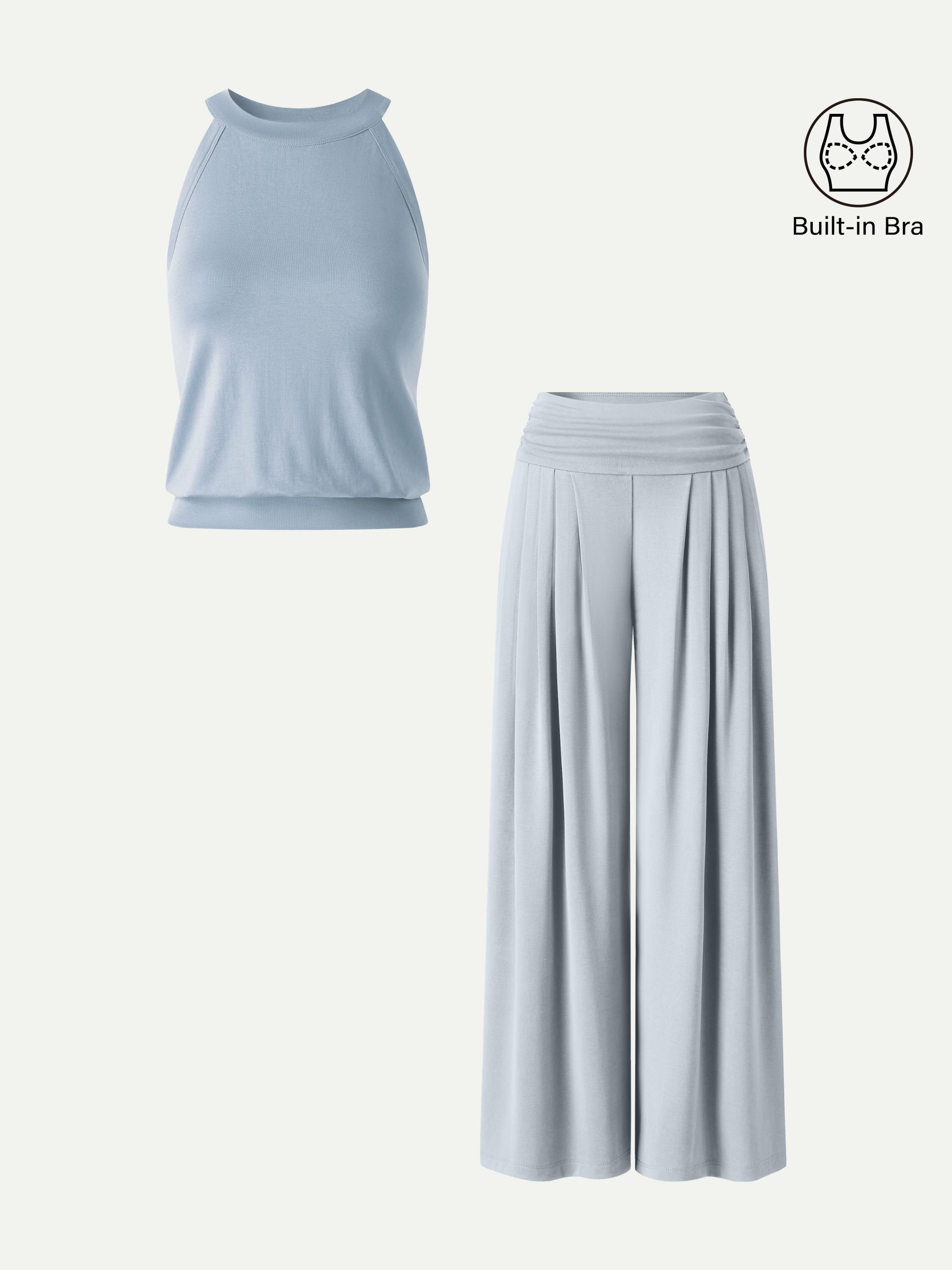 OGL 2-Piece Halter Neck Bra Tank & Tucked Pants with Pockets Set