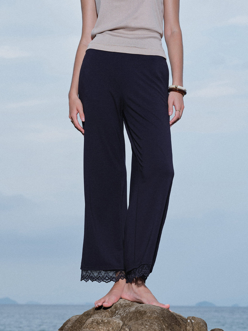 OGLmove Lace Trim Draped Mid Rise Wide Leg Pants with Pockets