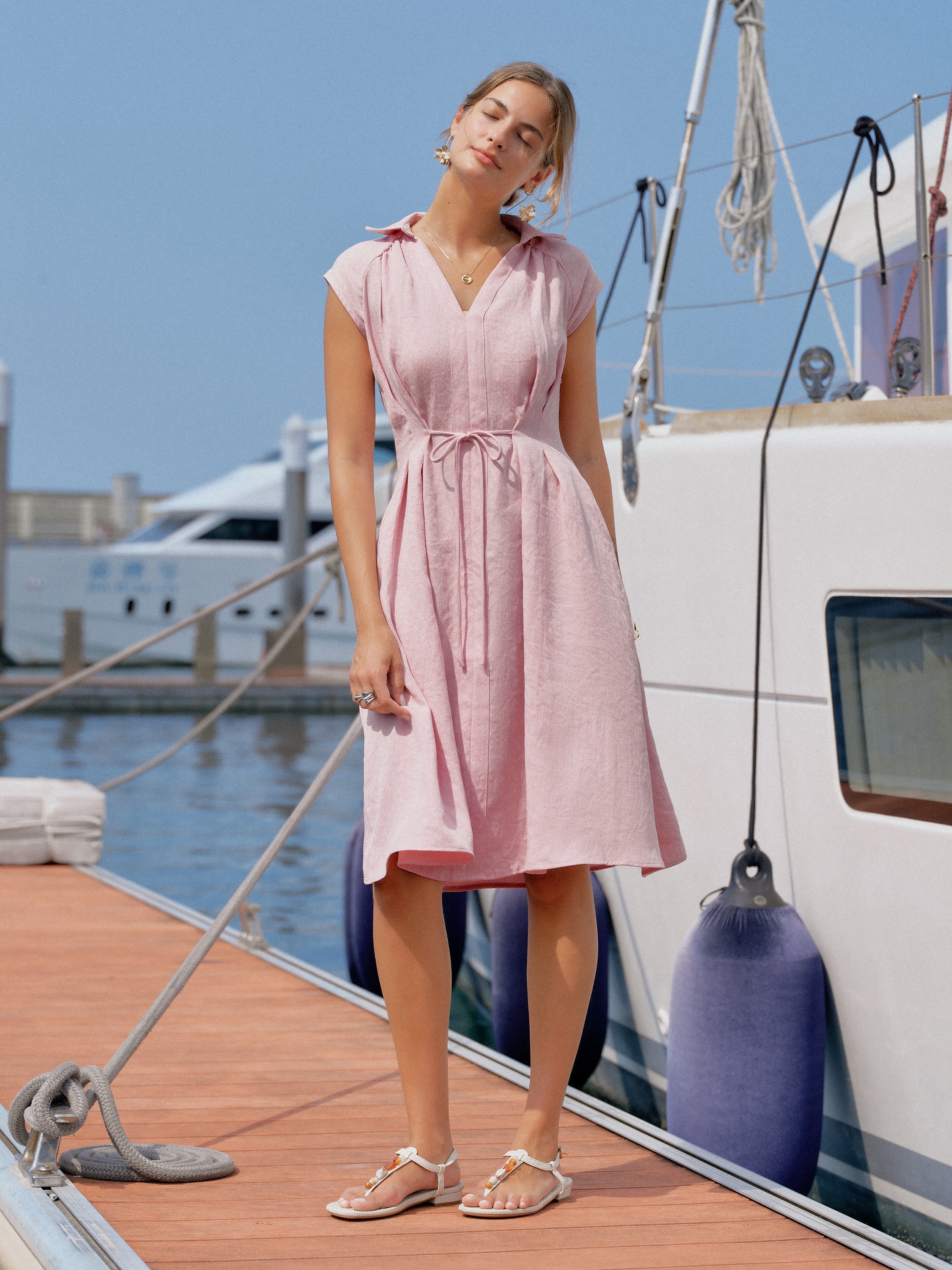OGLmove Viscose-Linen Collared V-Neck Midi Dress with Drawstring