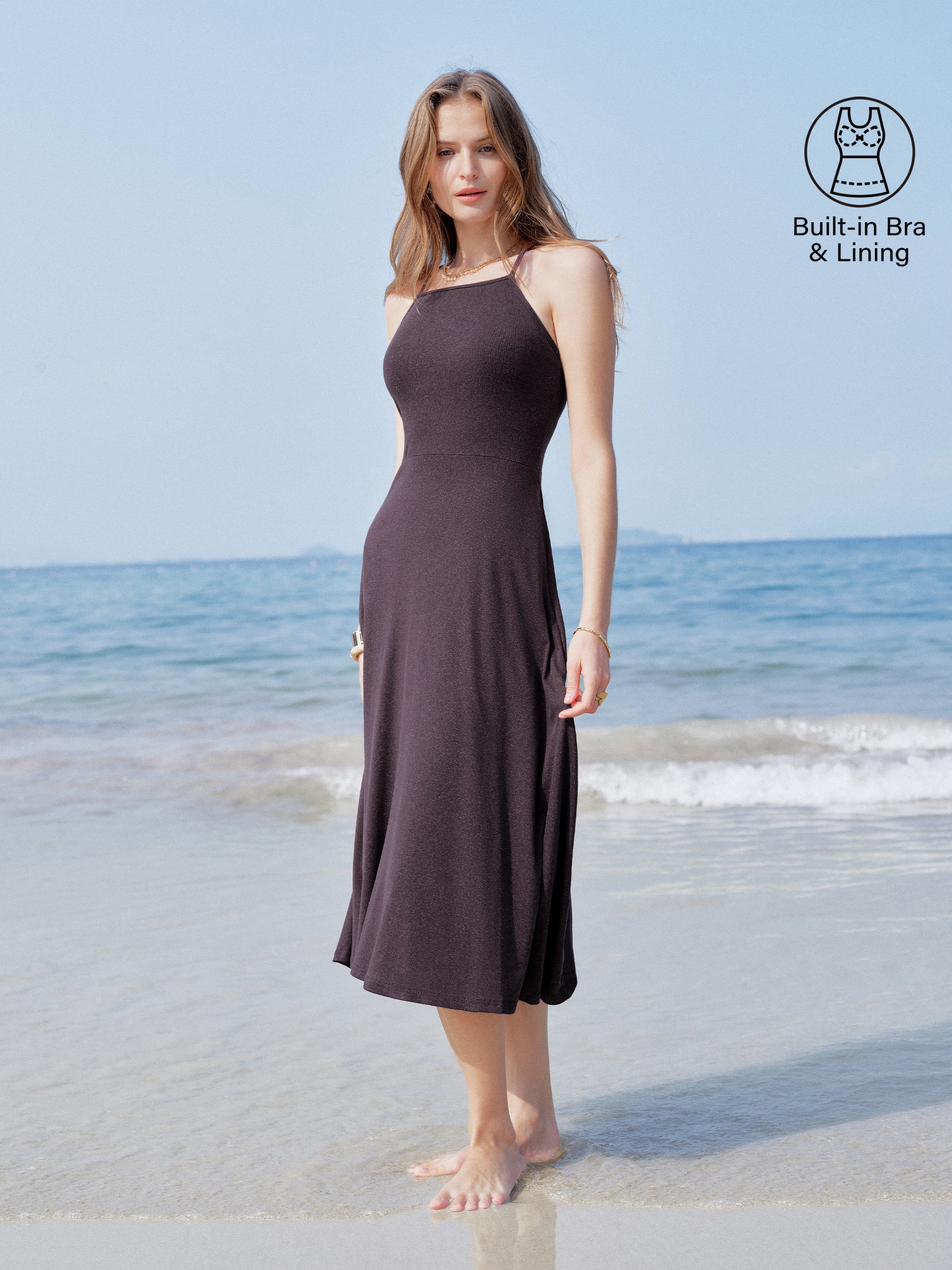 OGLmove Soft Linen Knit Spaghetti Midi Bra Dress