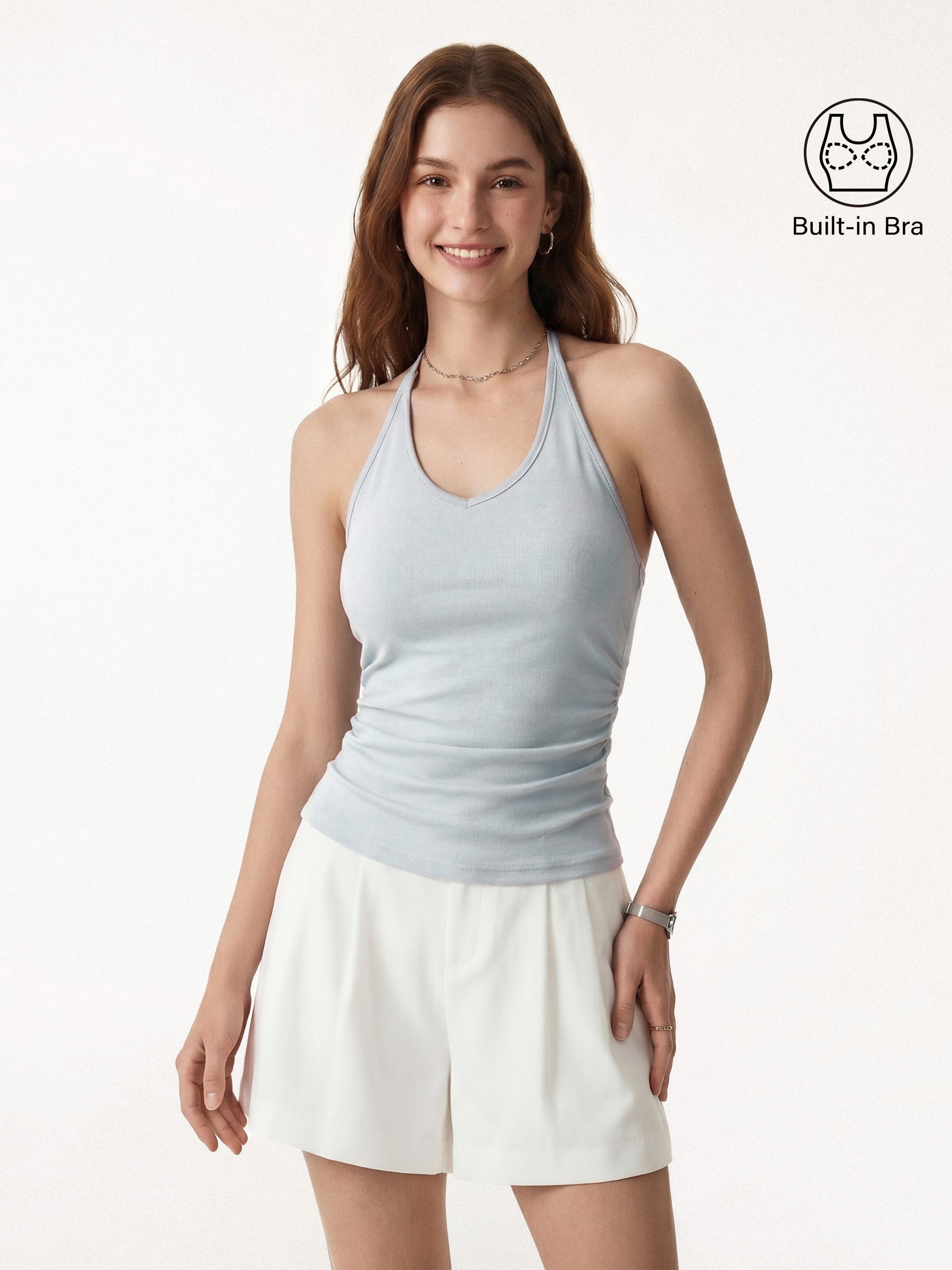OGLmove Modal Halter Neck Open Back Ruched Bra Top