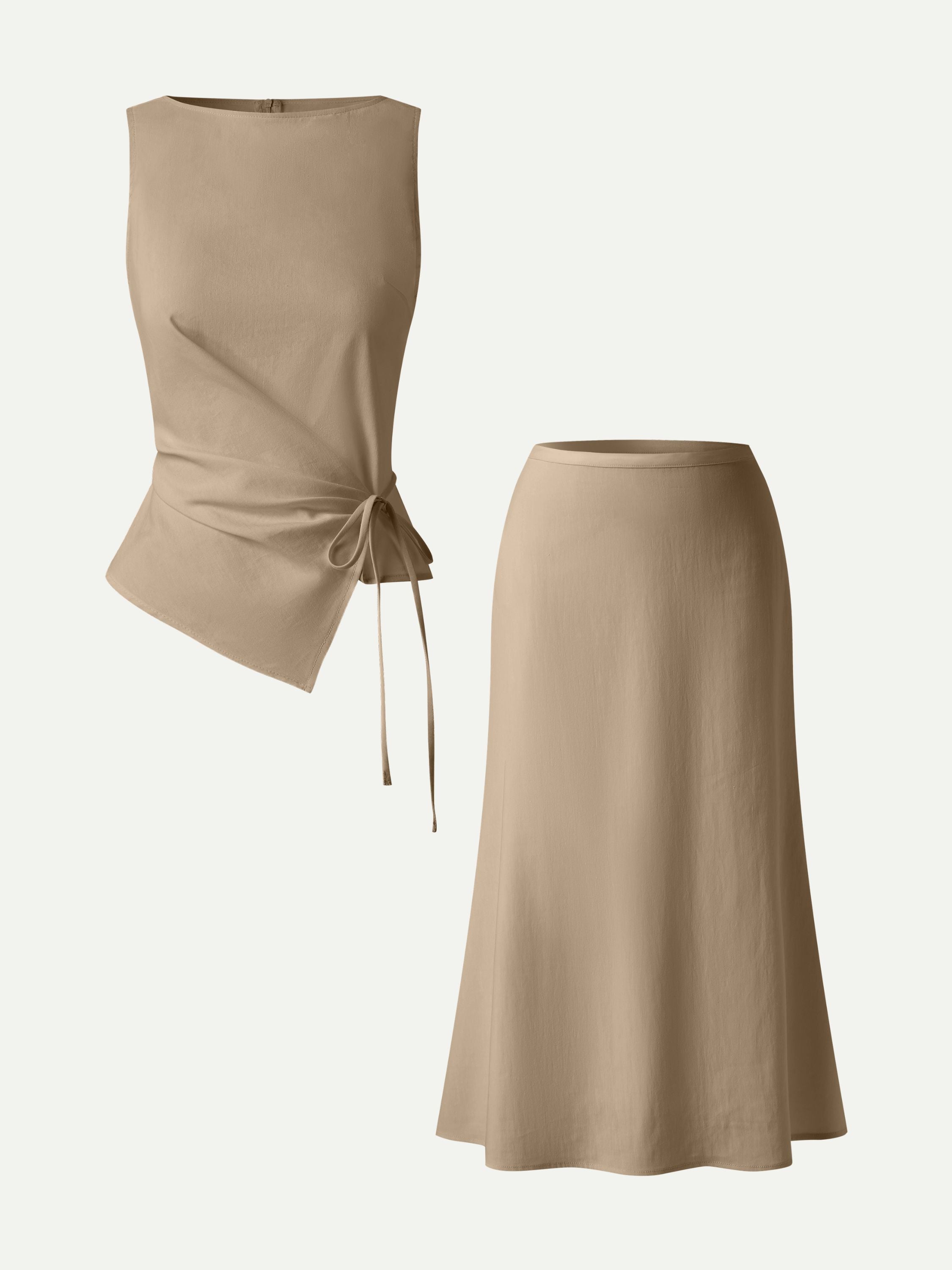 OGLmove Boatneck Waist-Defined Top & Maxi Flared Pull-On Skirt Set