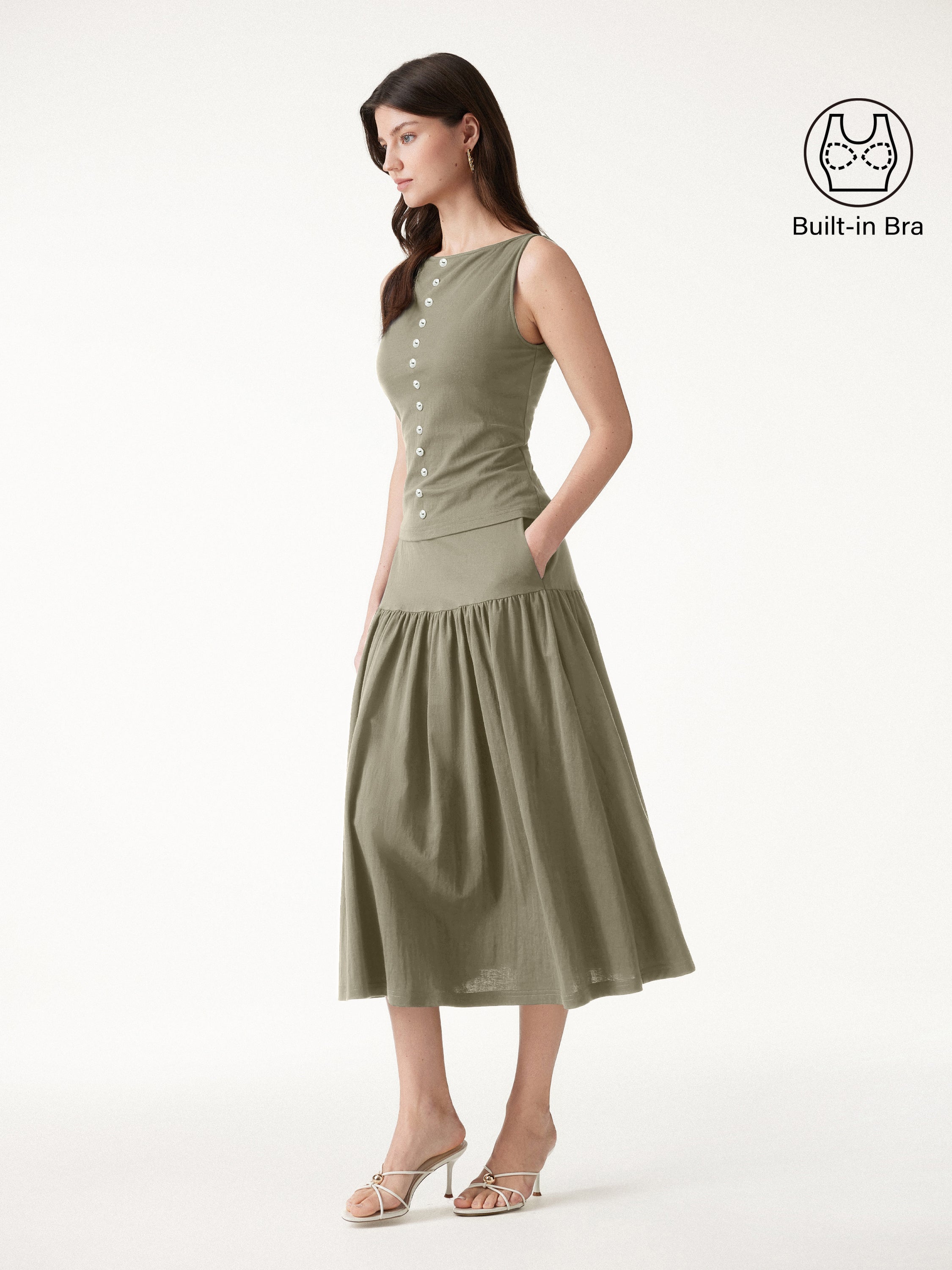 OGLmove 2Pcs Set Cropped Bra Top & Midi Skirt with Pockets