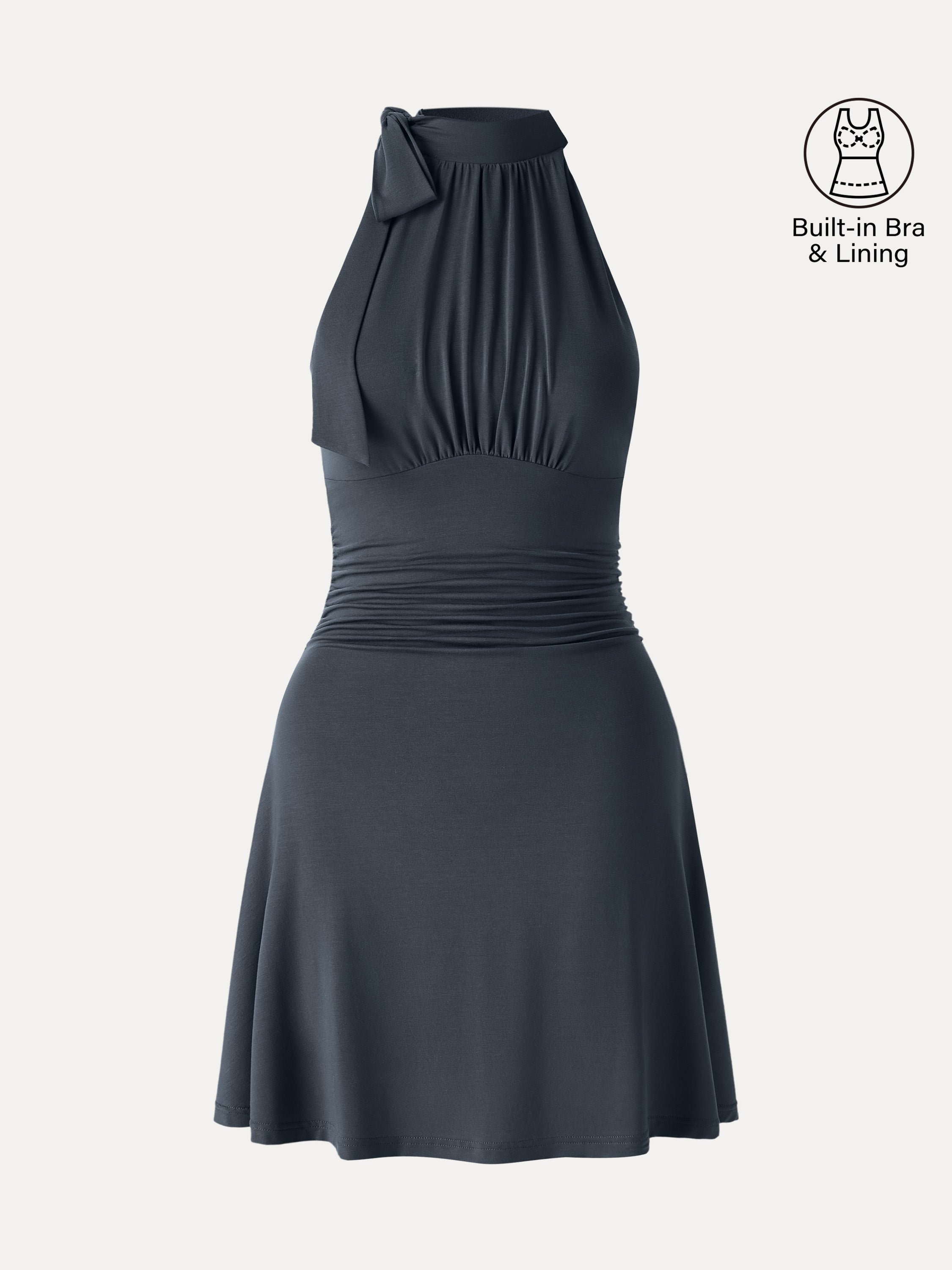 OGLmove Milky Matte Mockneck Bow Tie Ruched Mini Bra Dress