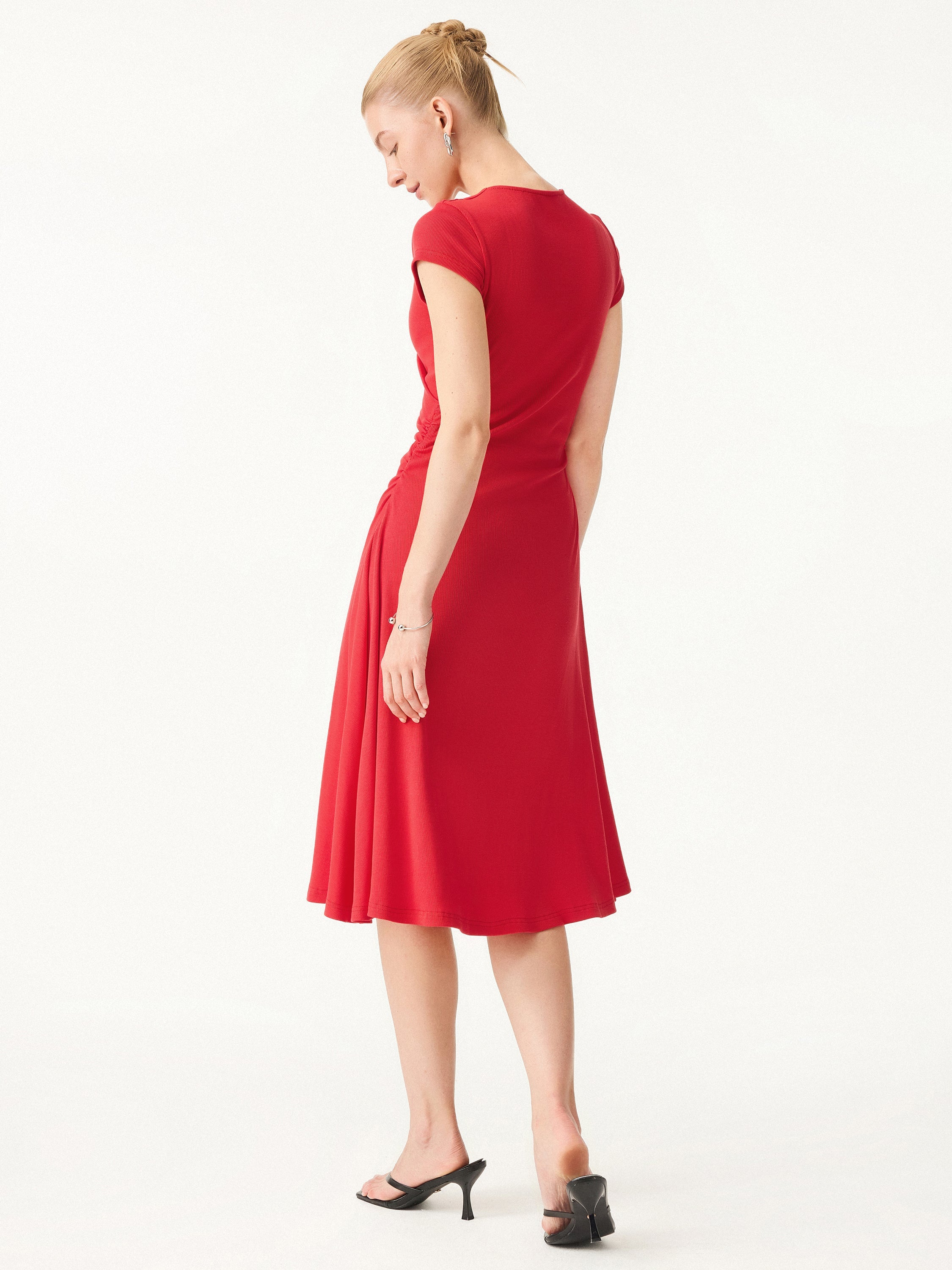 OGLmove Stretch Cotton Surplice V-Neck Cap Sleeve Midi Dress