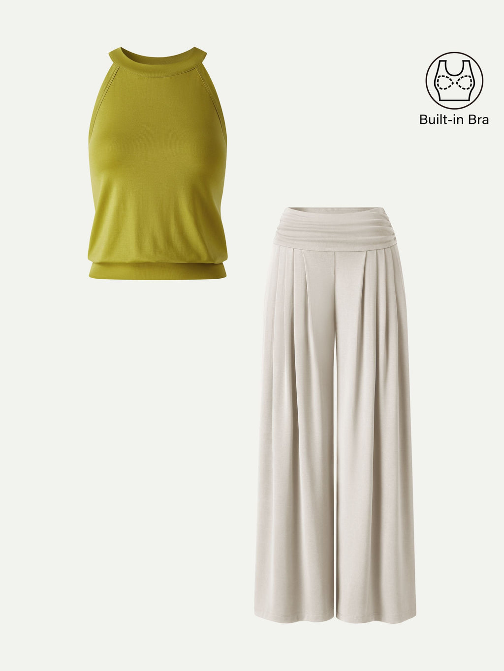 OGL 2-Piece Halter Neck Bra Tank & Tucked Pants with Pockets Set