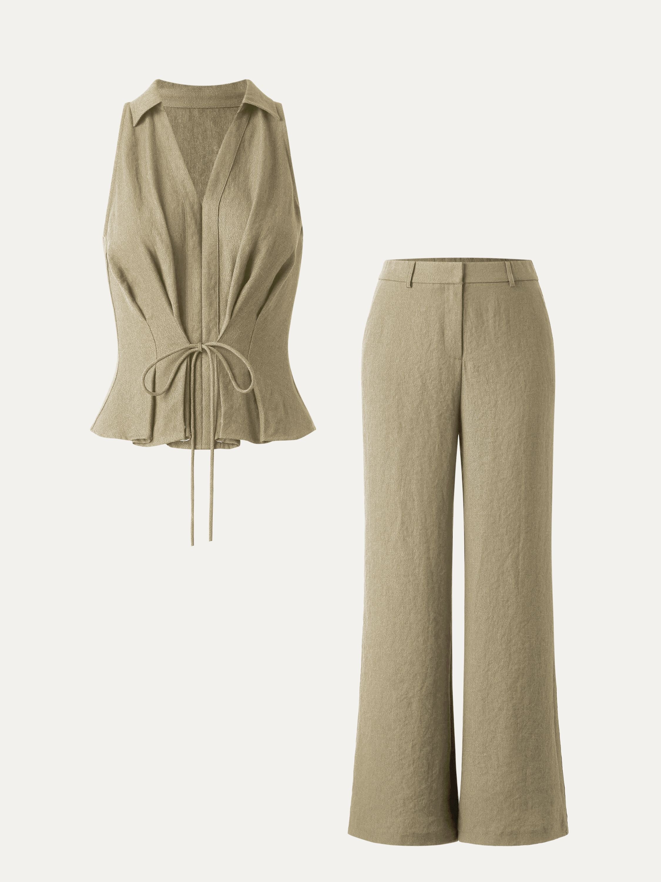 OGLmove Collared V-neck Sleeveless Top & Mid Rise Flared Pant Set with Pockets