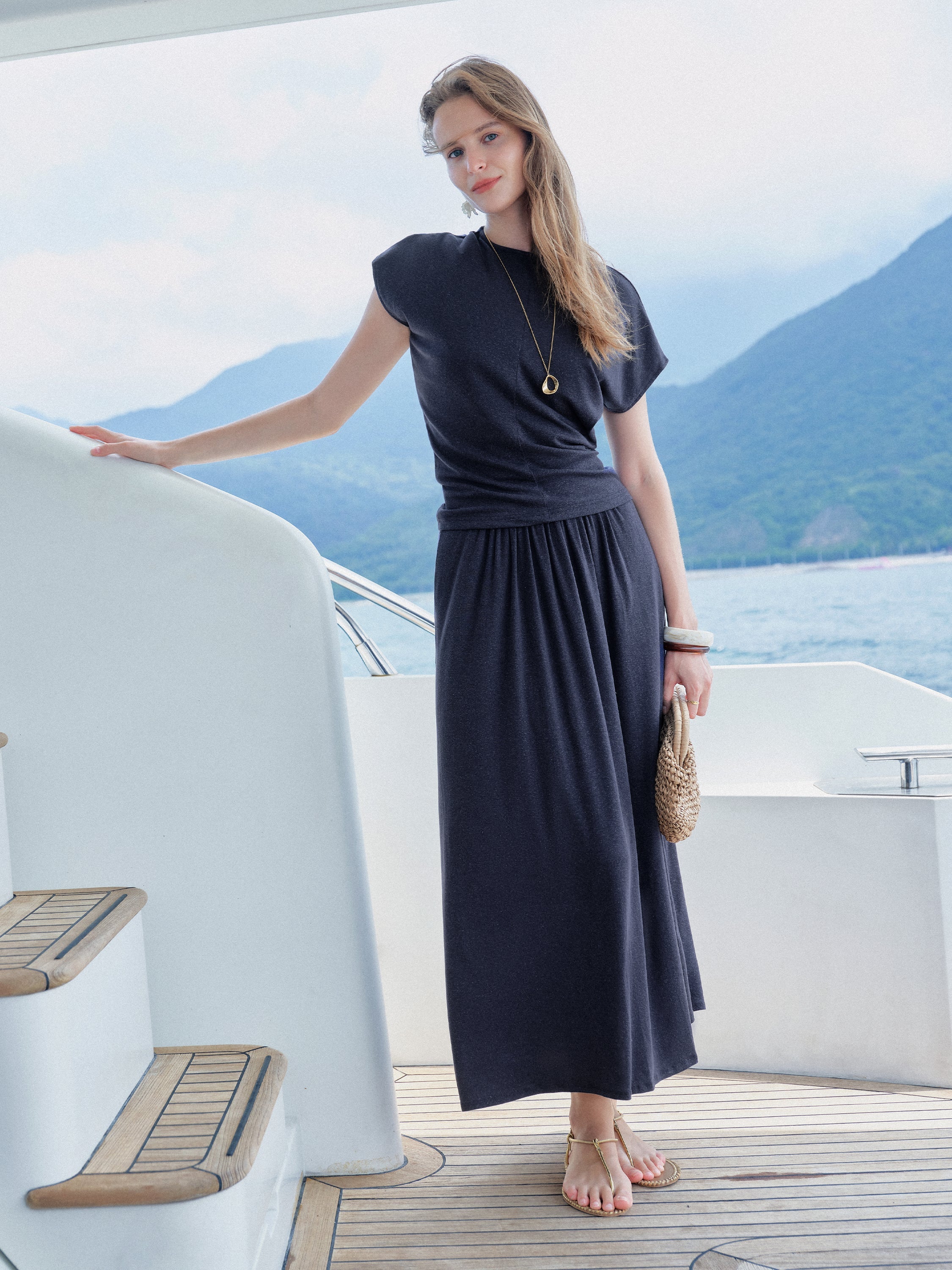 OGLmove Round Neck Top & A-Line Maxi Skirt Set with Pockets