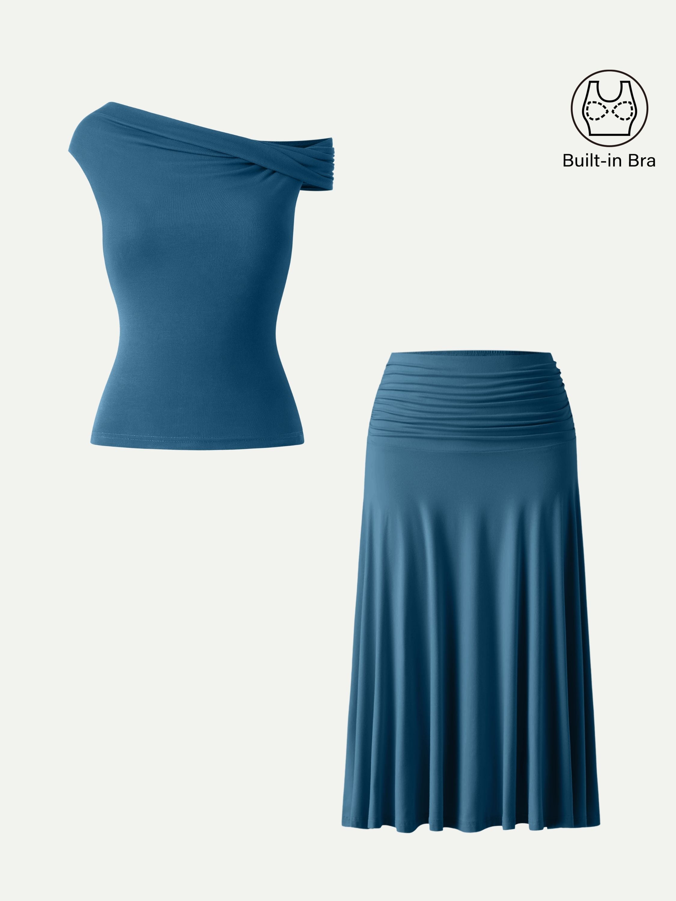 OGLmove 2Pcs Set Multi-Wear Bra Top & Side Ruched A-Line Midi Skirt