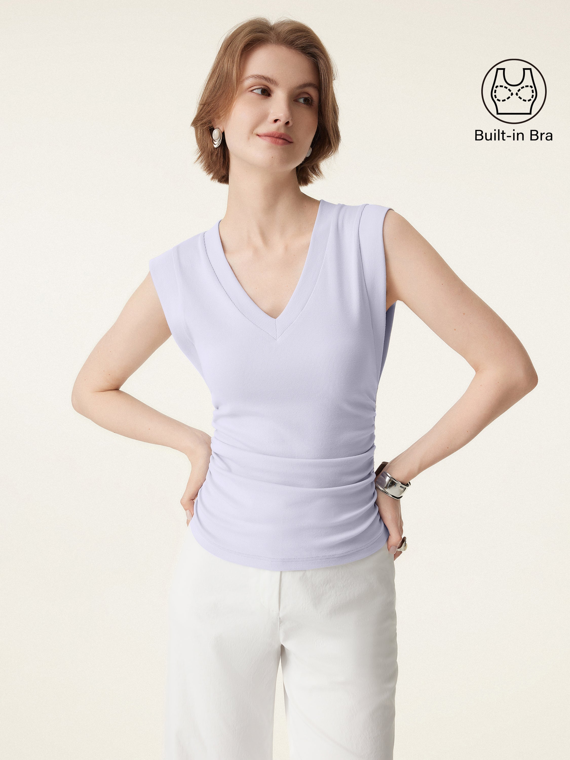 OGLmove Stretch Cotton V-Neck Side Ruched Muscle Bra Top
