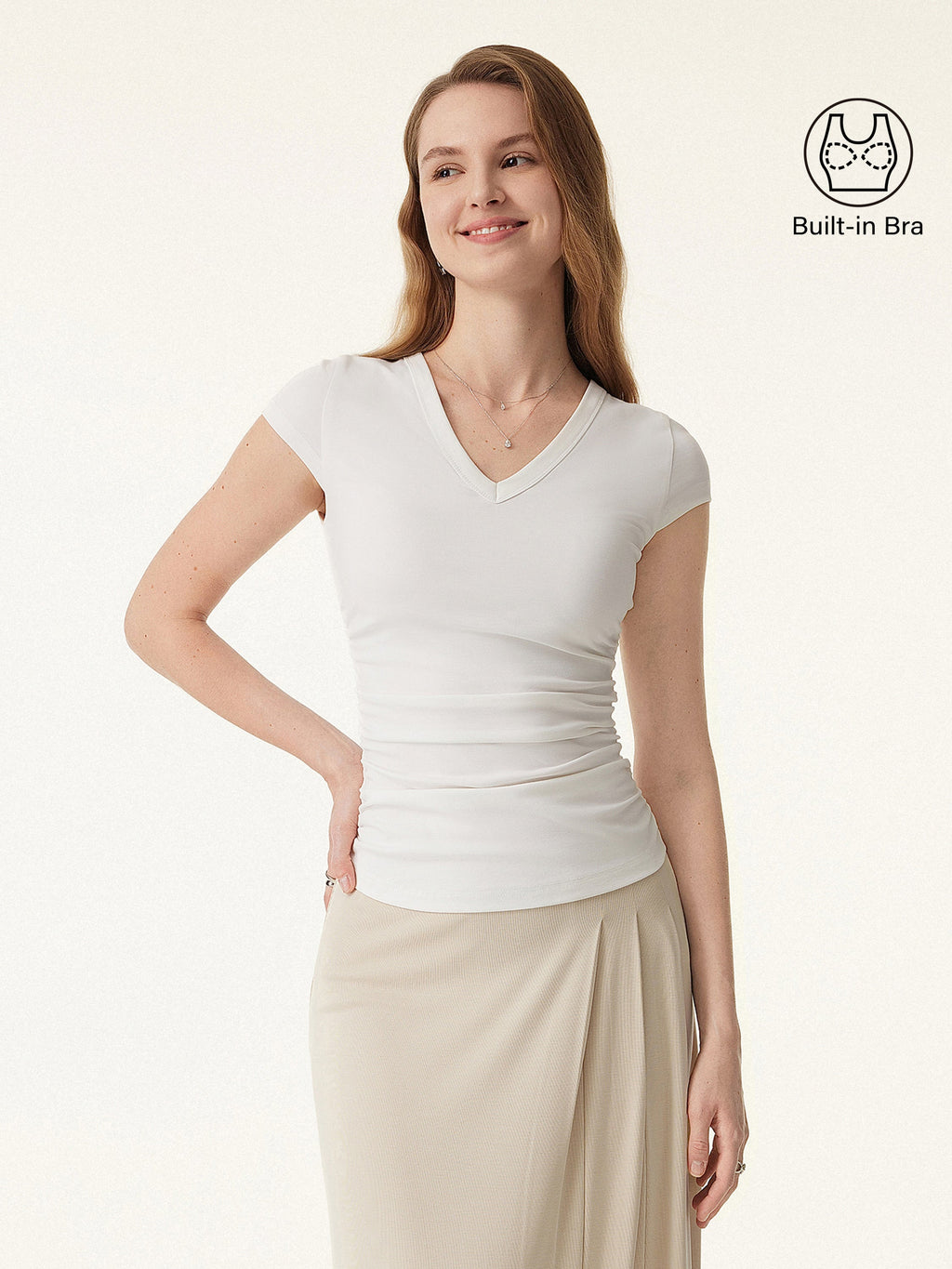 OGLmove Women's V-Neck Side Ruched Cap Sleeve Bra Tee