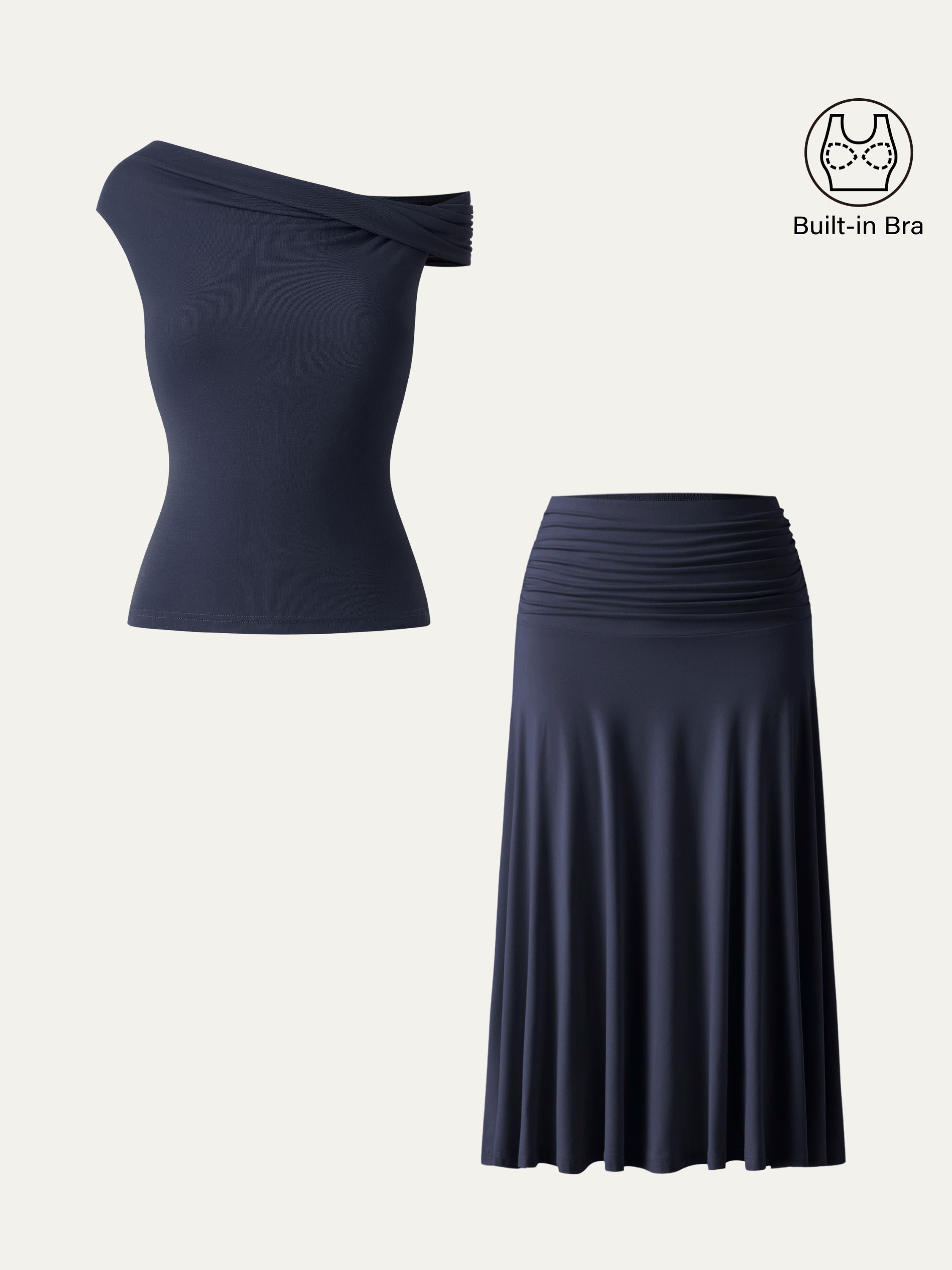 OGLmove Multi-wear Bra Top & Side Ruched Midi Skirt Set