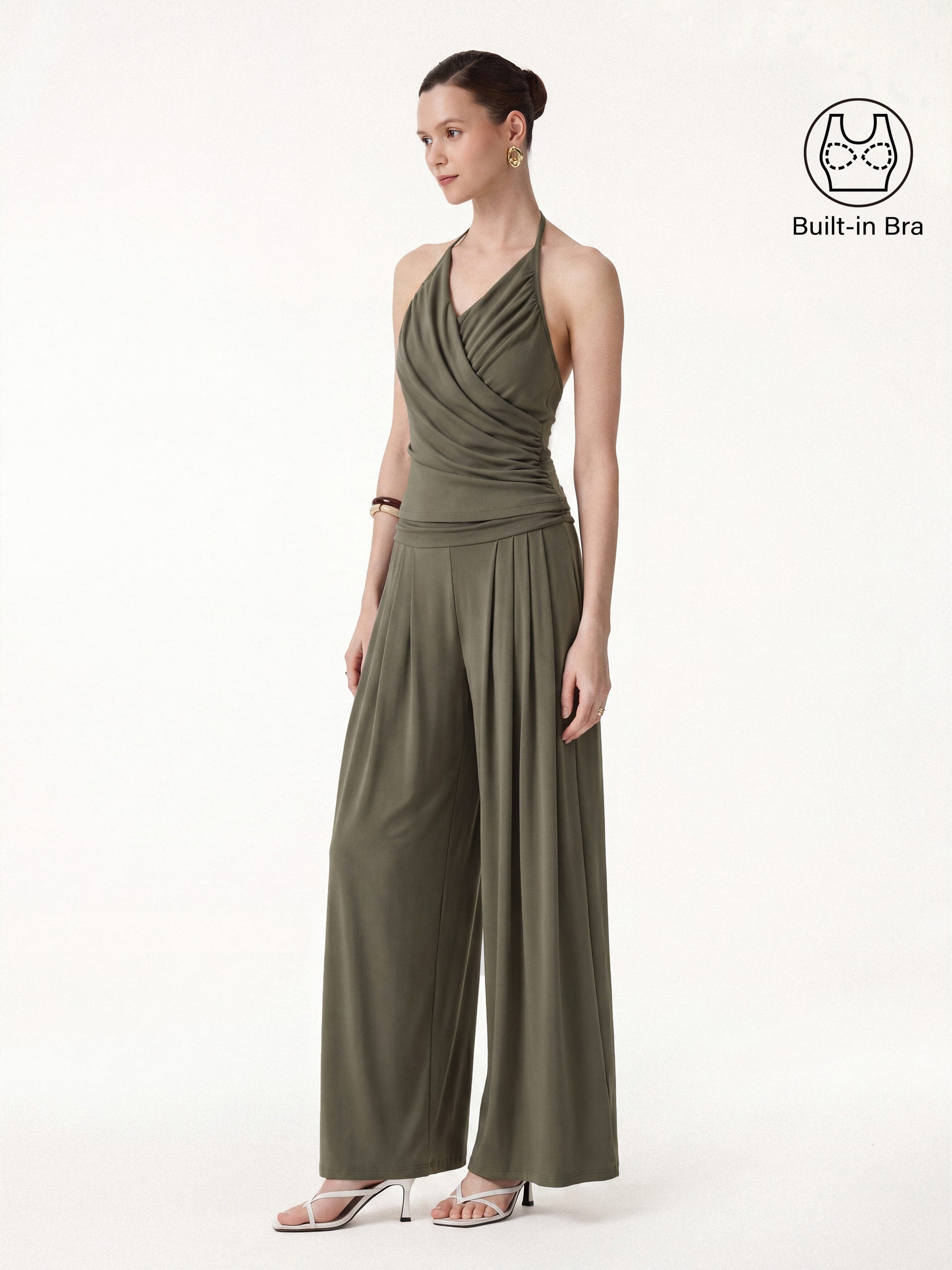 OGLmove Halter Neck Surplice Bra Top & Tucked Palazzo Pant Set with Pockets