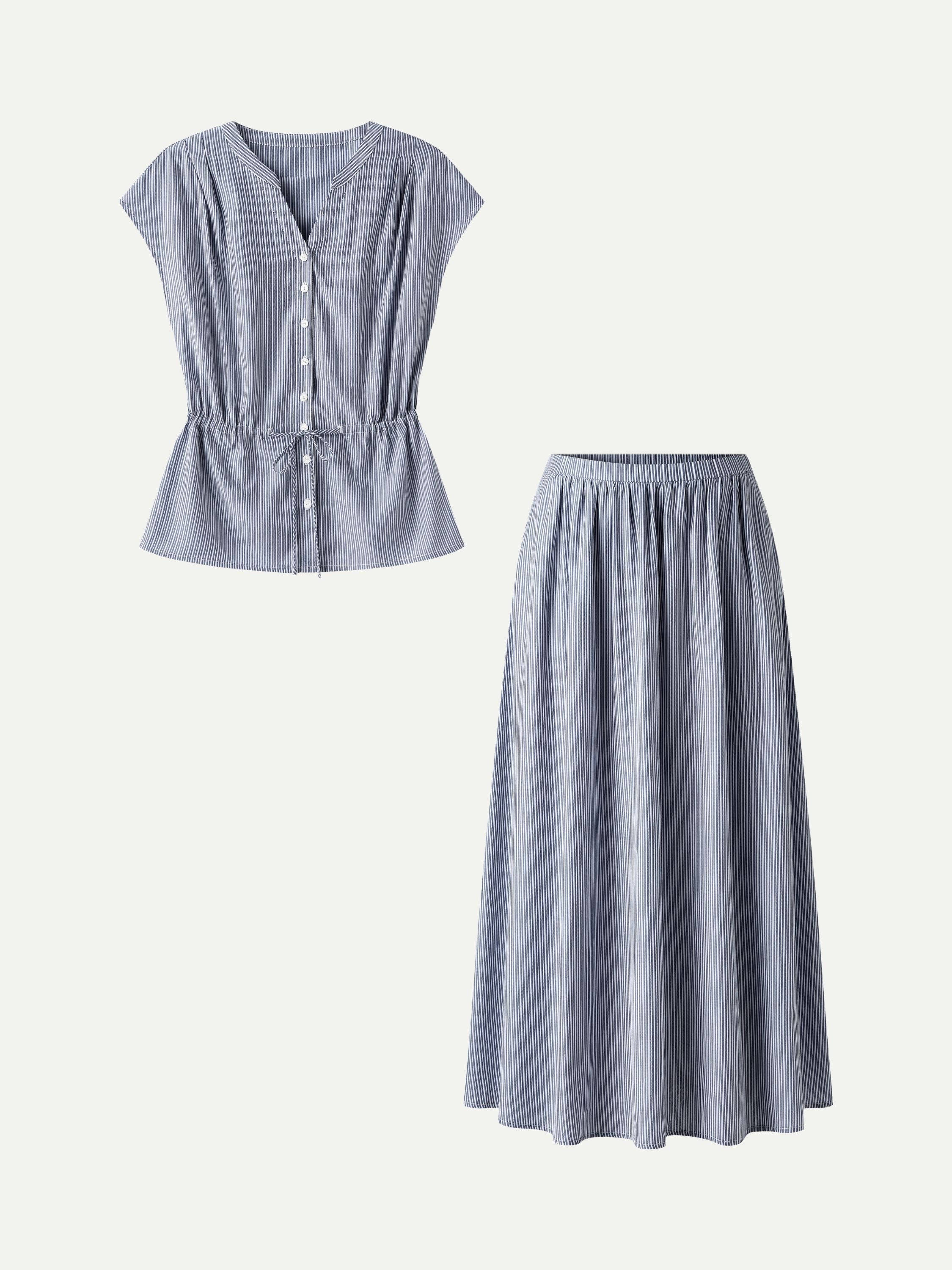 OGLmove Women's 2-Piece Set Drawstring Waist Poplin Shirt & High Rise Midi Skirt with Pockets