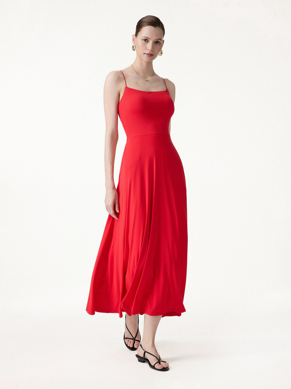 OGLmove Women's Square Neck Spaghetti Open Back Midi Bra Dress with Pockets