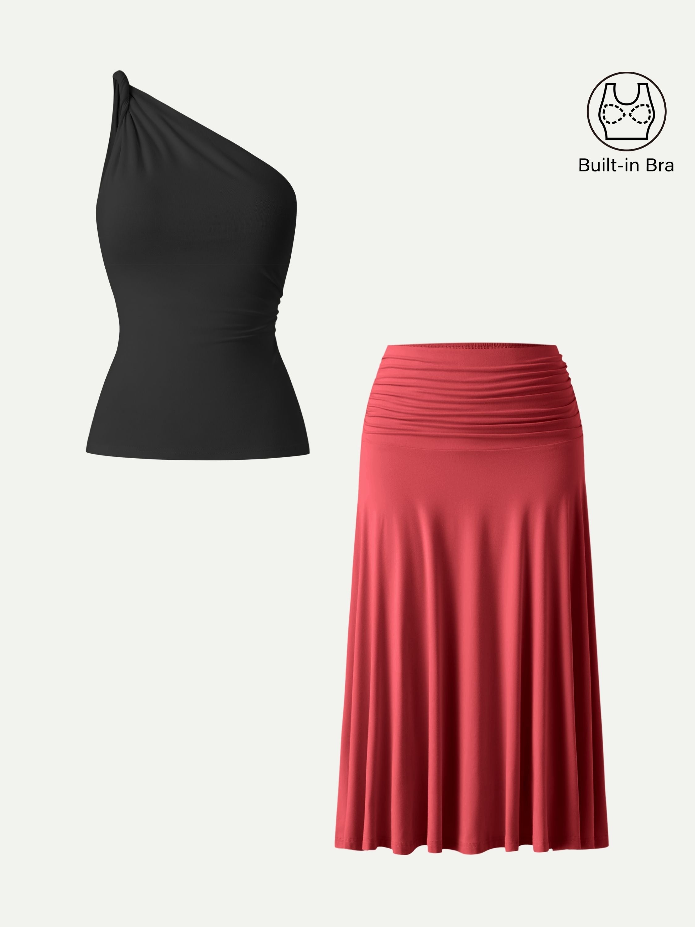 OGLmove 2-Piece One-Shoulder Twisted Bra and Ruched Midi Skirt