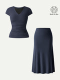 OGLmove Women's V-Neck Cap Sleeve Bra Tee & Pull-On Mermaid Midi Skirt 2Pcs Set