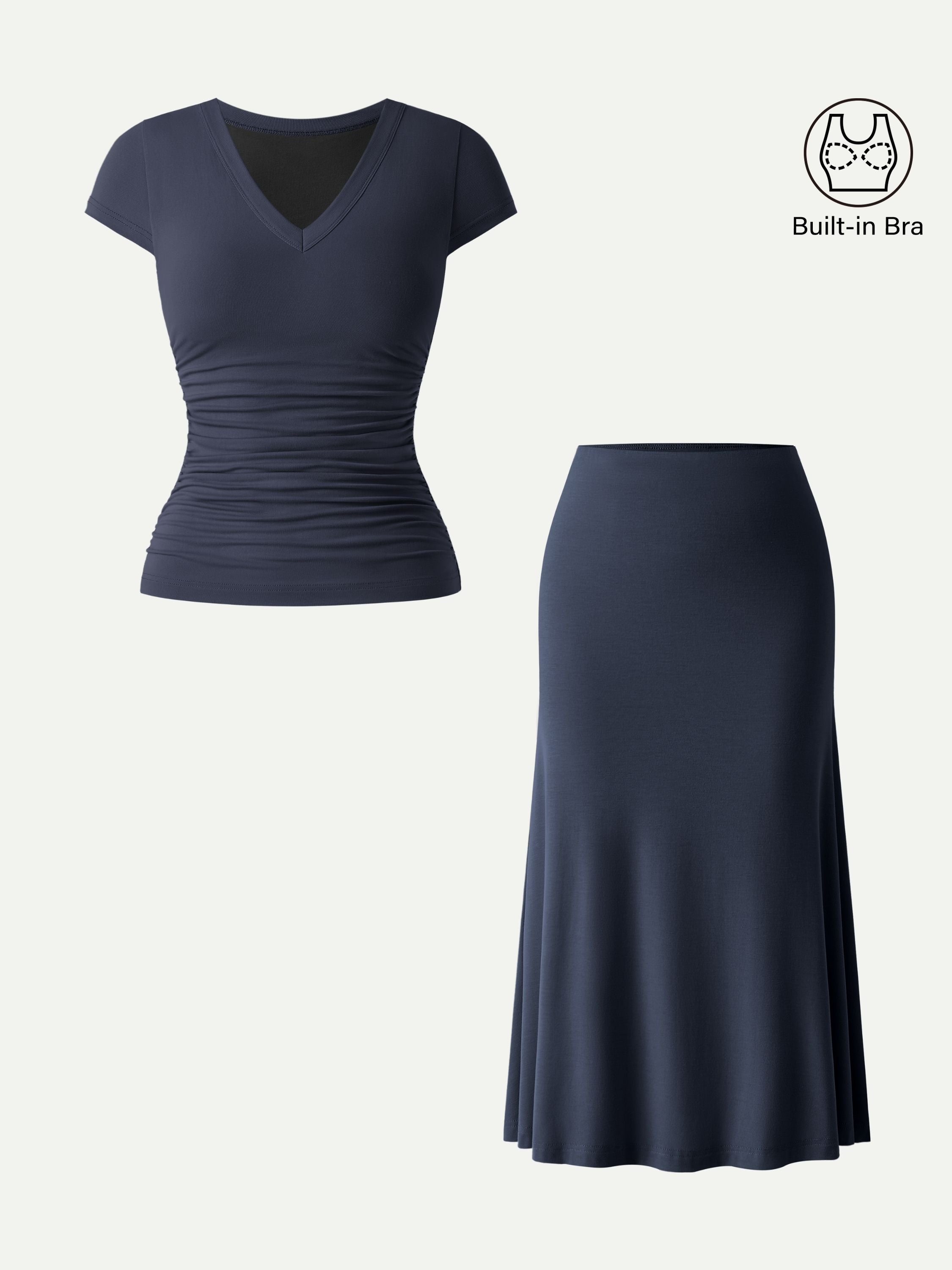 OGLmove Women's V-Neck Cap Sleeve Bra Tee & Pull-On Mermaid Midi Skirt 2Pcs Set