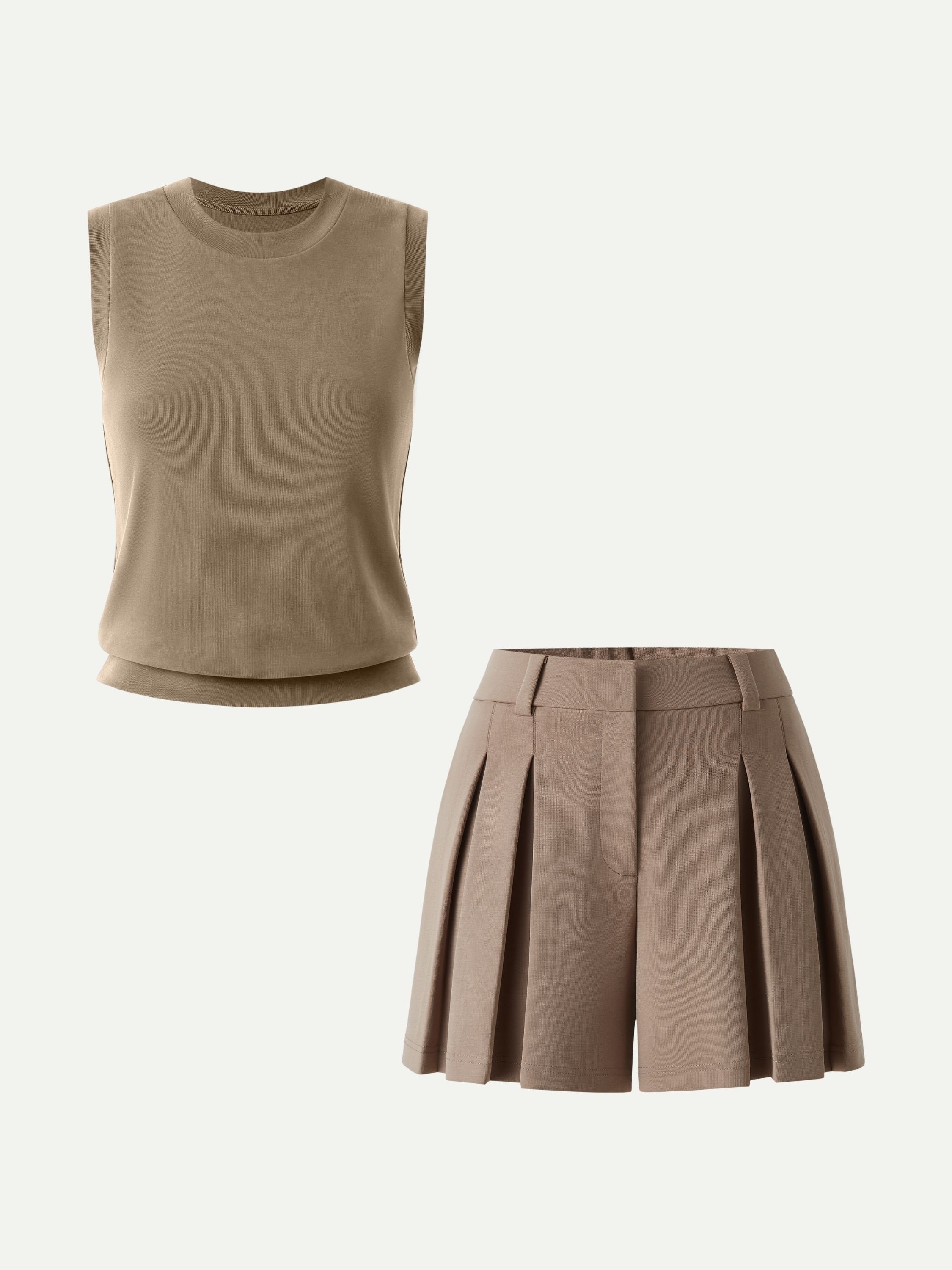 OGLmove Crew Neck Top and A-Line Pleated Shorts Set