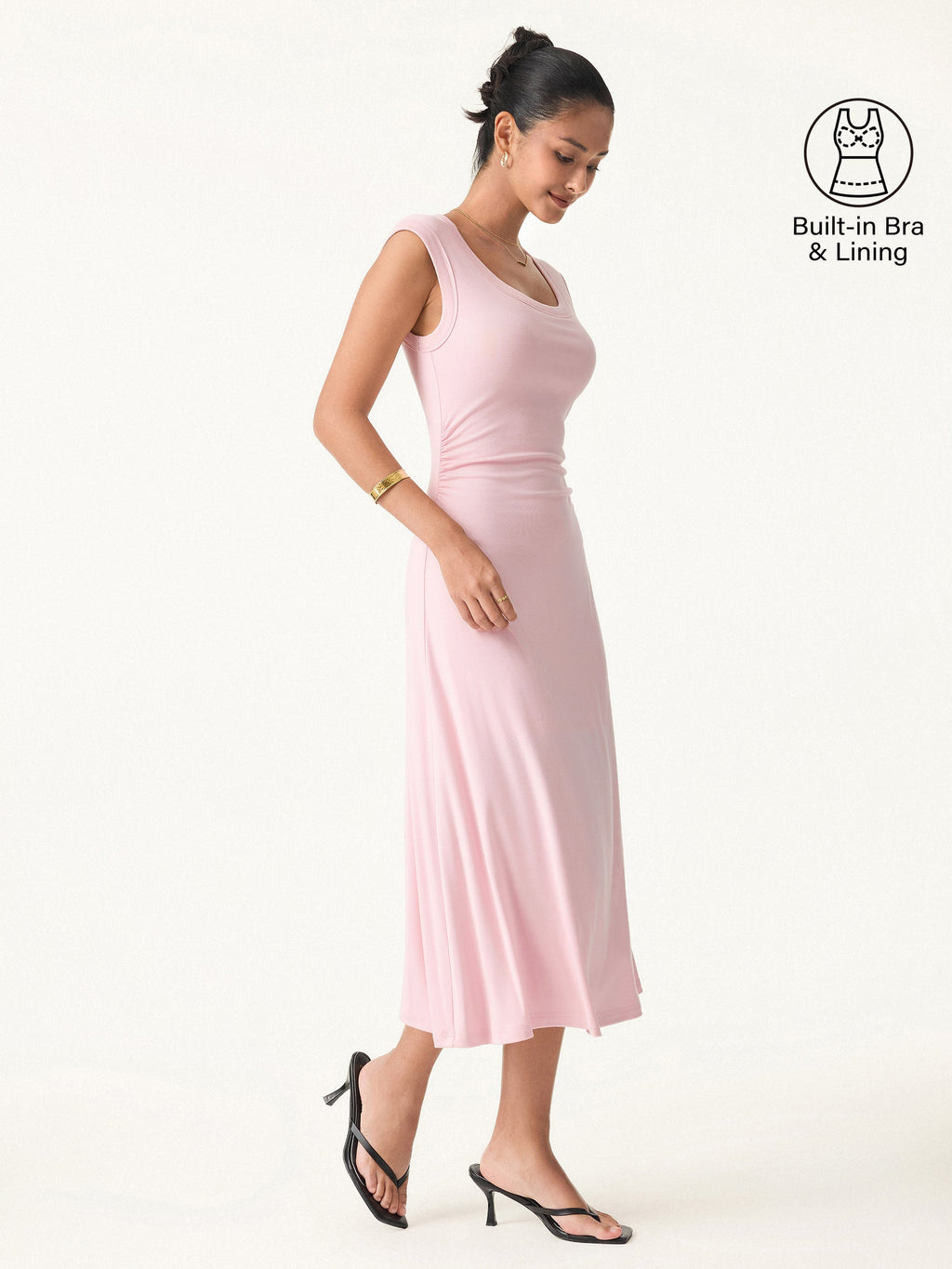 OGLmove Scoop Neck Side Ruched Airy Bra Midi Dress
