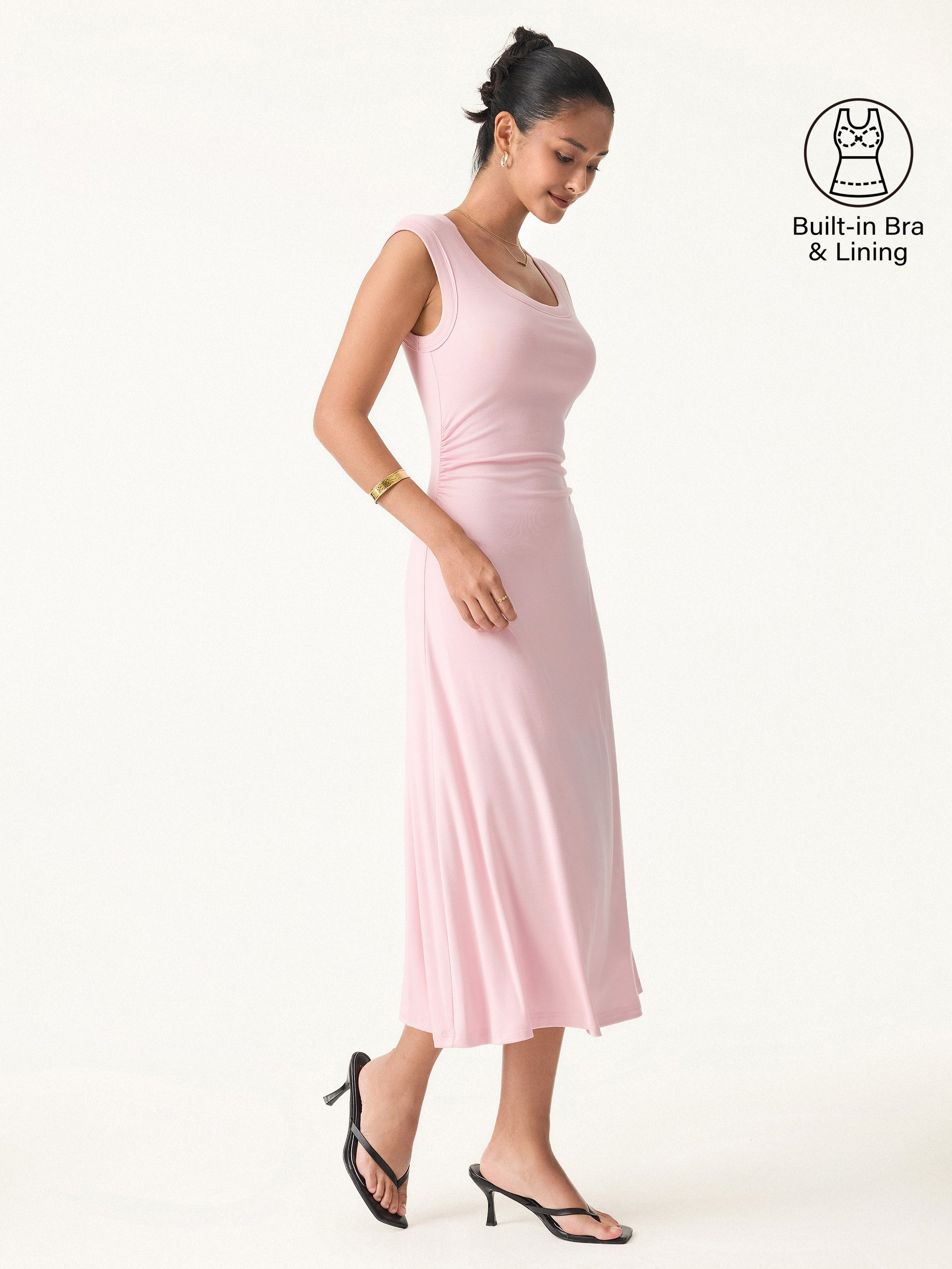 OGLmove Scoop Neck Side Ruched Airy Bra Midi Dress
