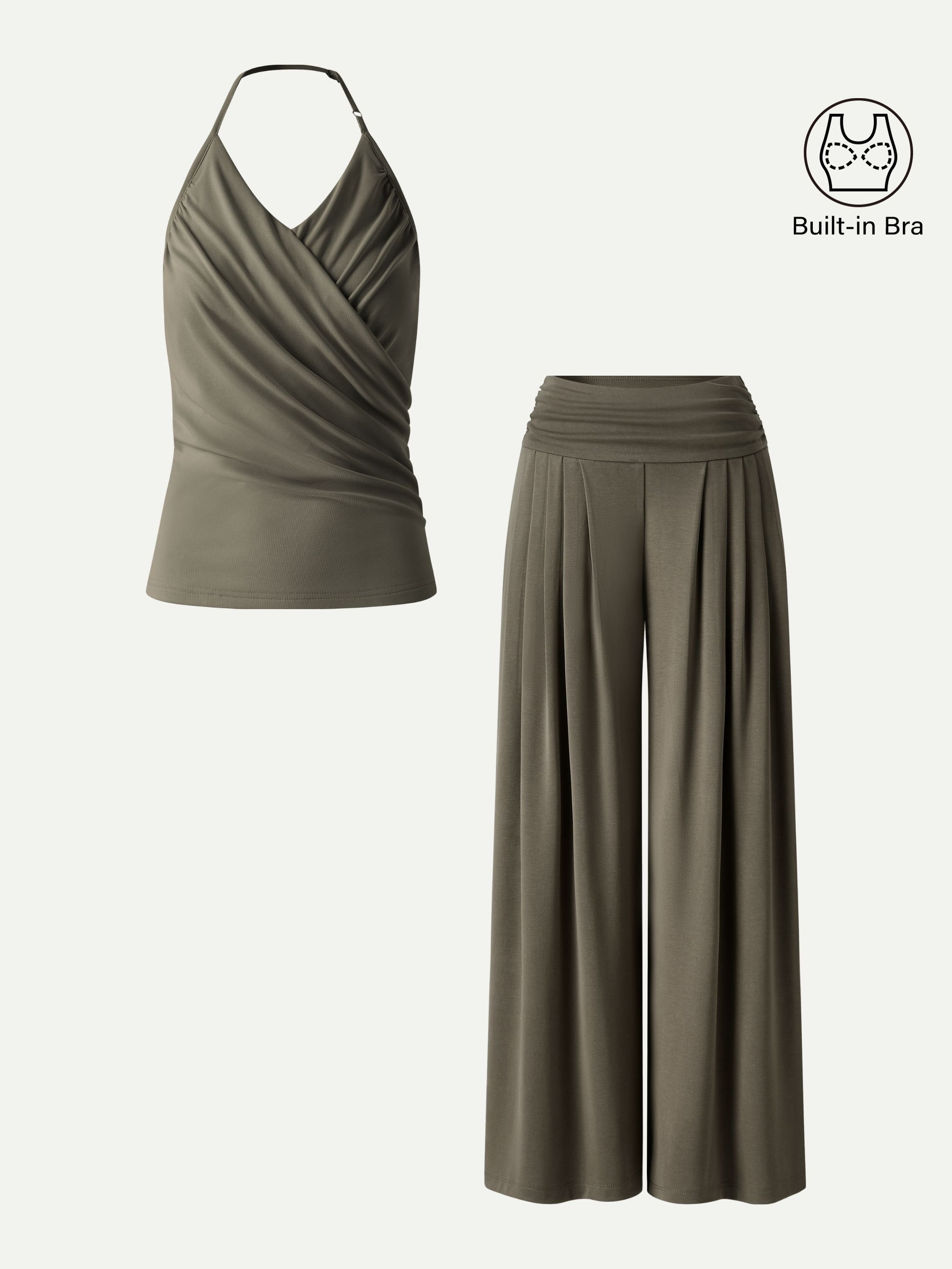 OGLmove Halter Neck Surplice Bra Top & Tucked Palazzo Pant Set with Pockets
