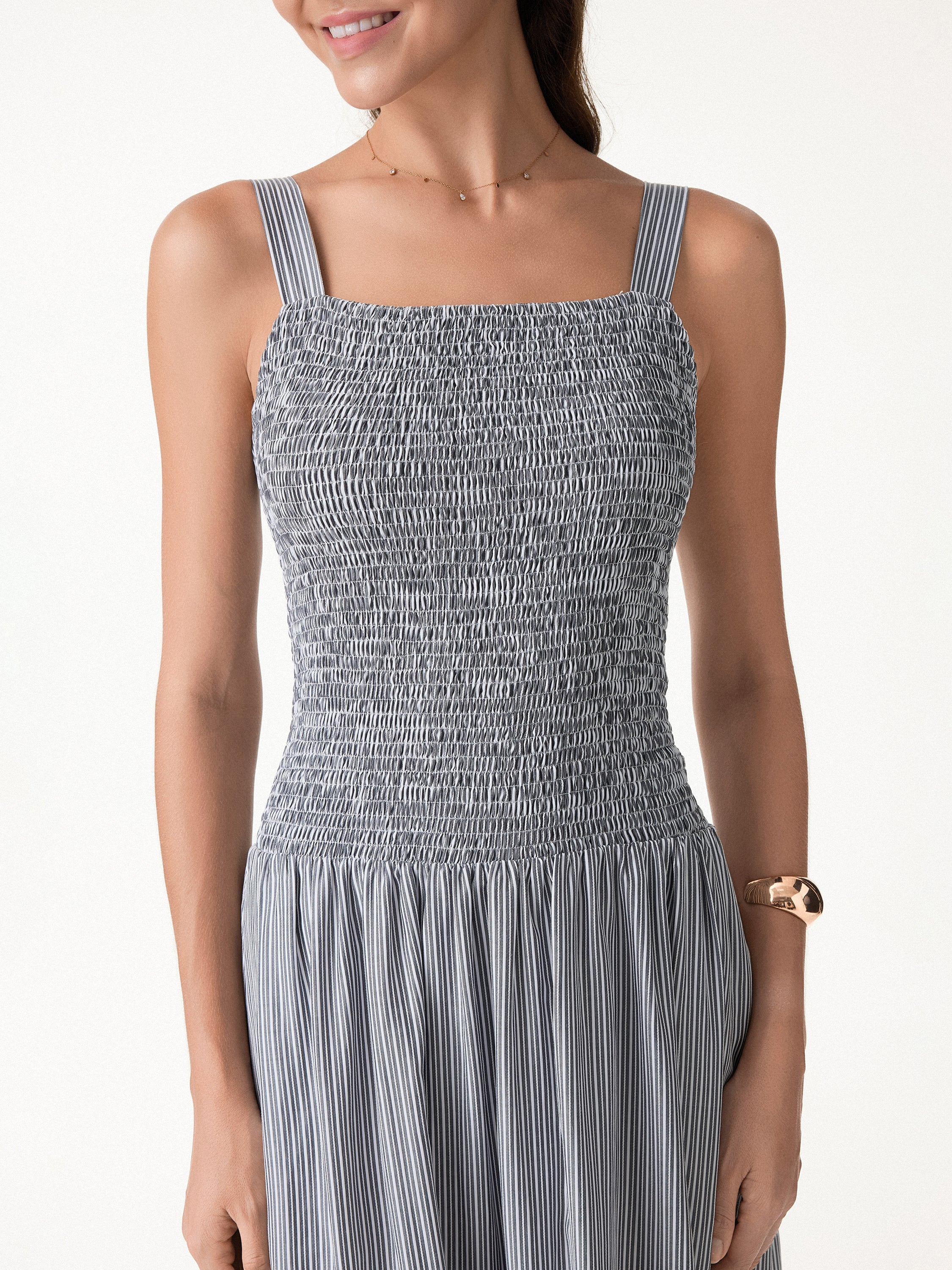 OGLmove Striped Poplin Square Neck Smocked Midi Bra Dress