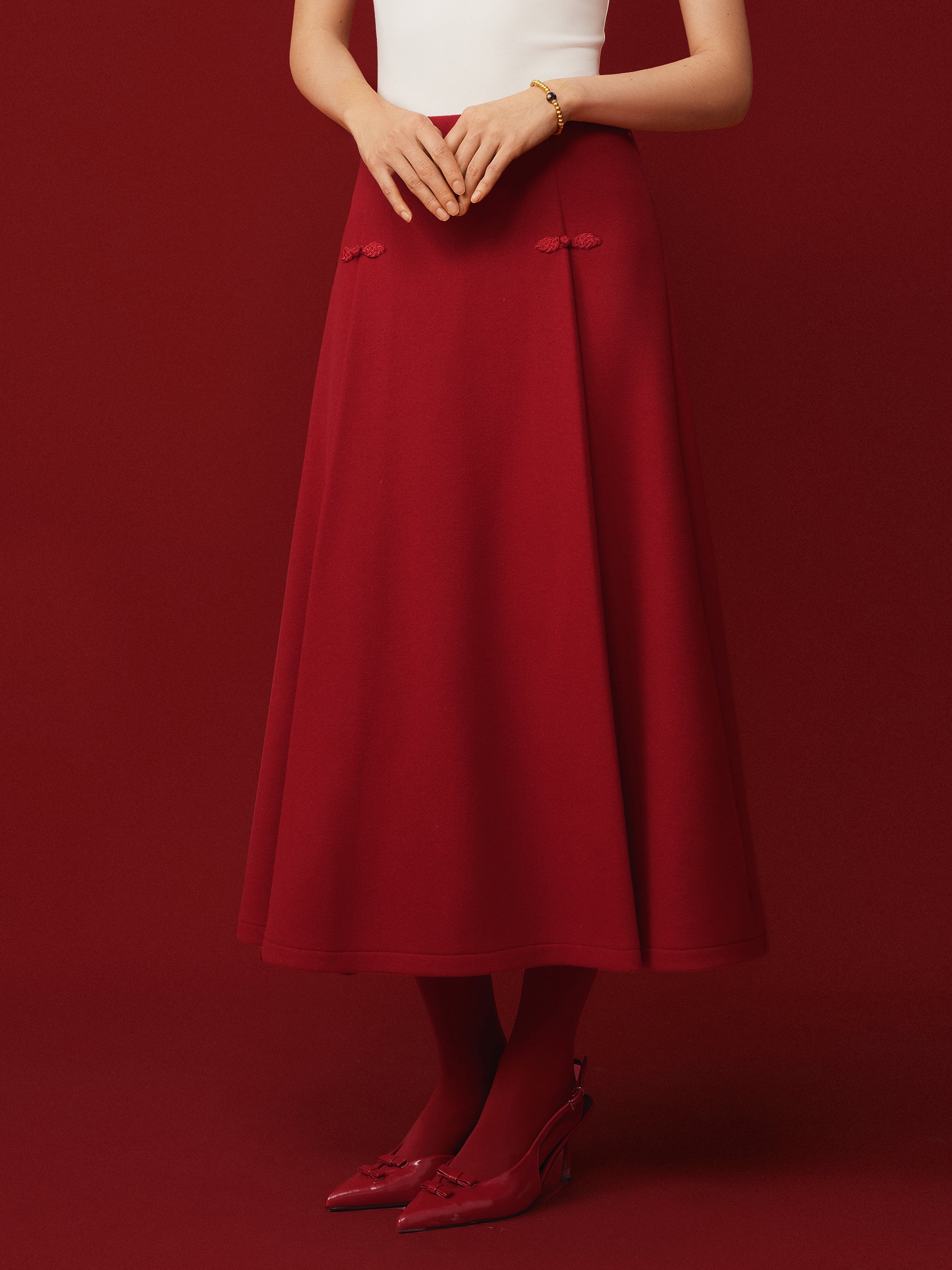 OGLmove Wool-Like Frog Button A-Line Midi Skirt