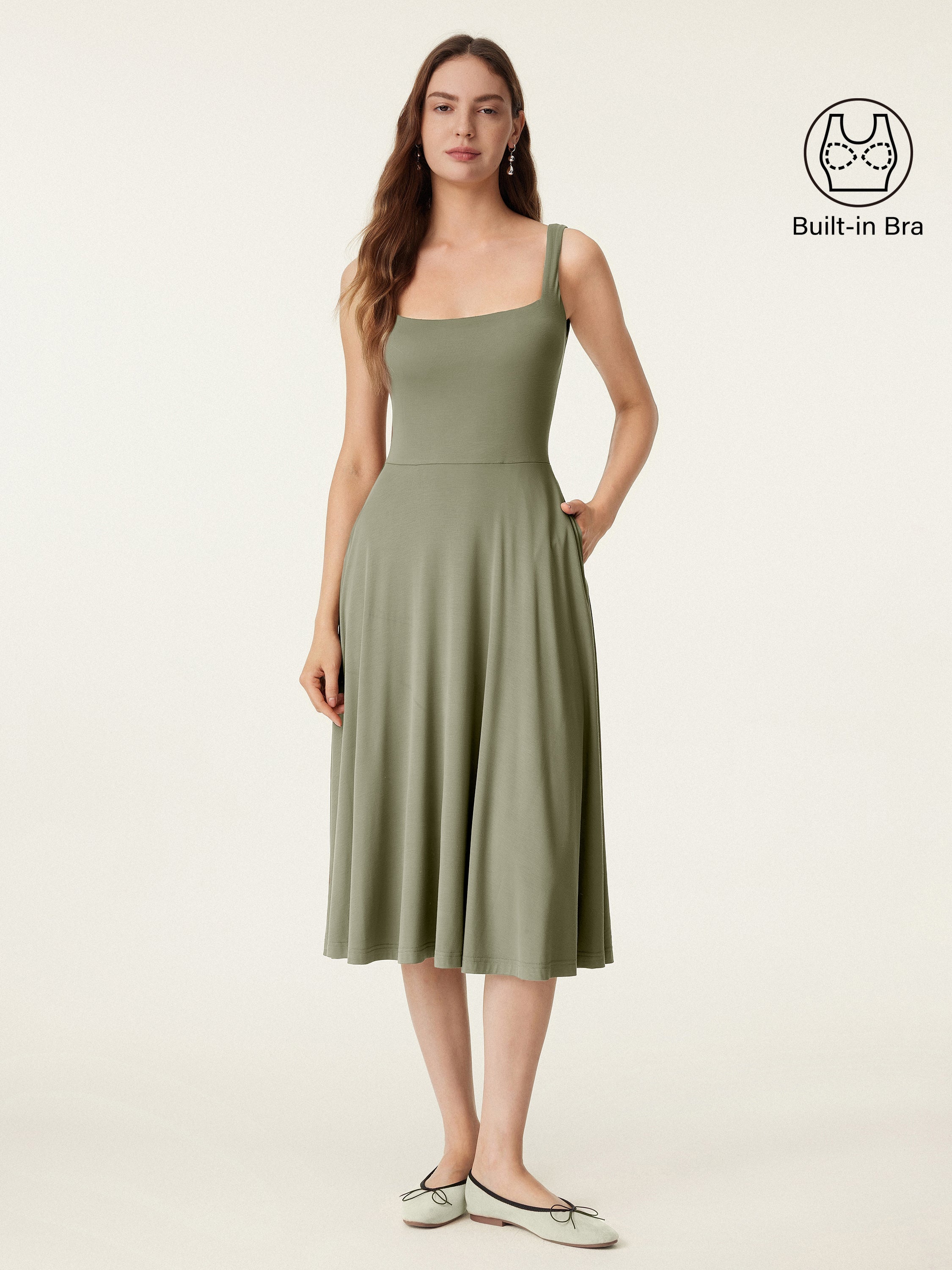 OGLmove Square Neck Flowy New Airy Bra Midi Dress