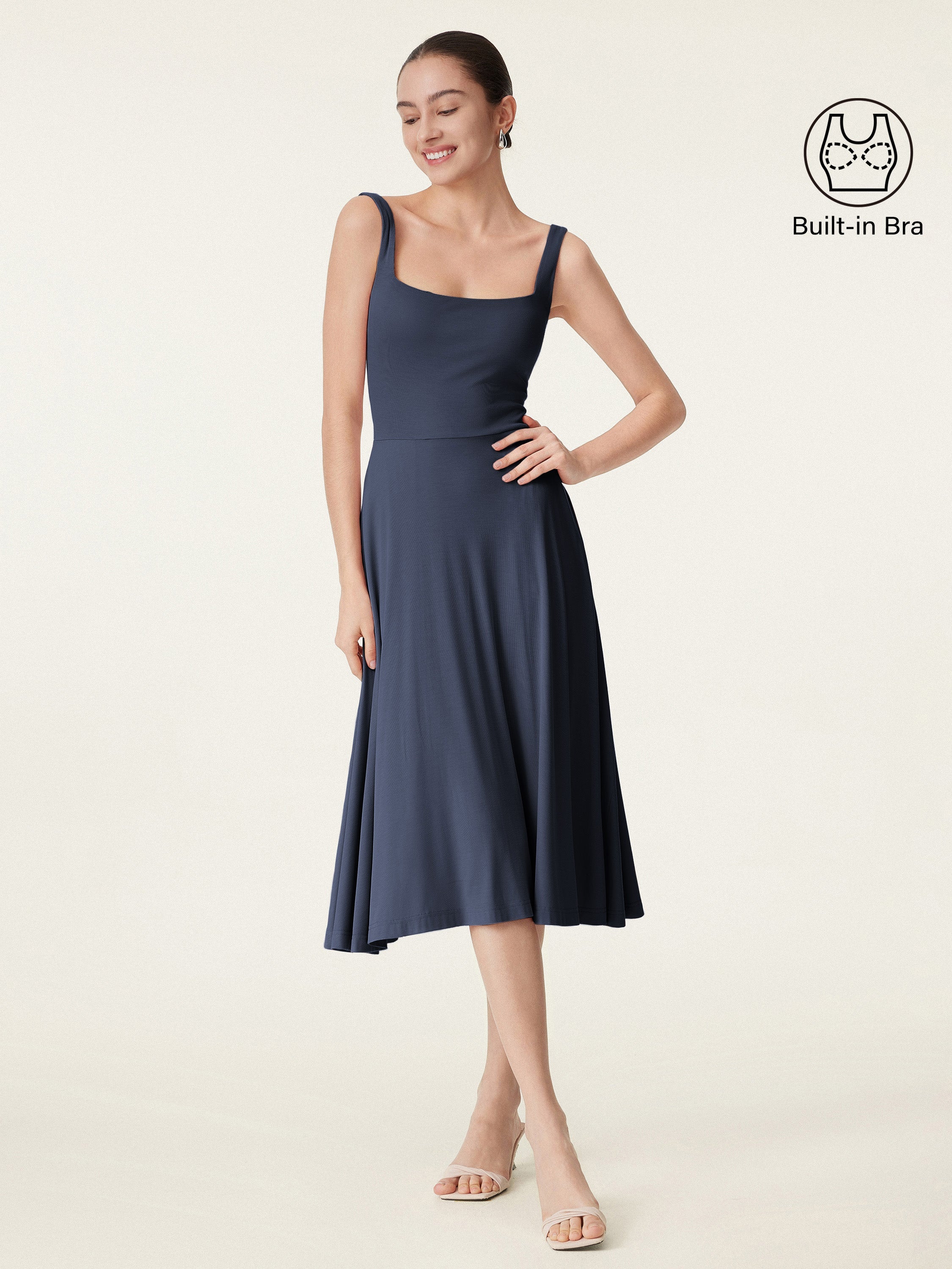 OGLmove Square Neck Flowy New Airy Bra Midi Dress