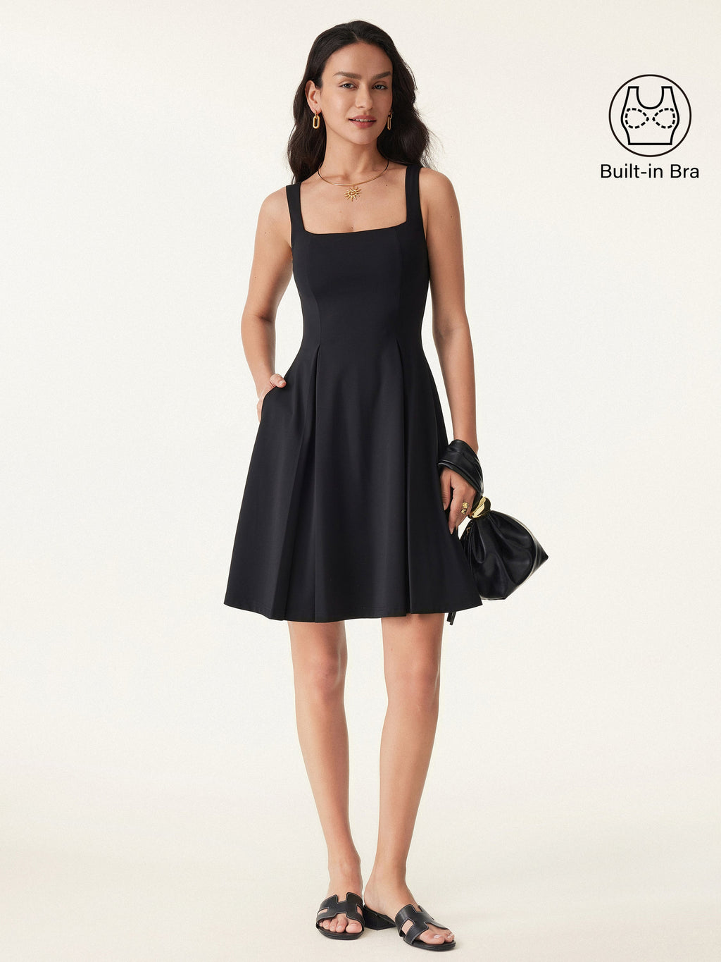 OGLmove Women's Square Neck Fit-and-Flare Mini Bra Dress