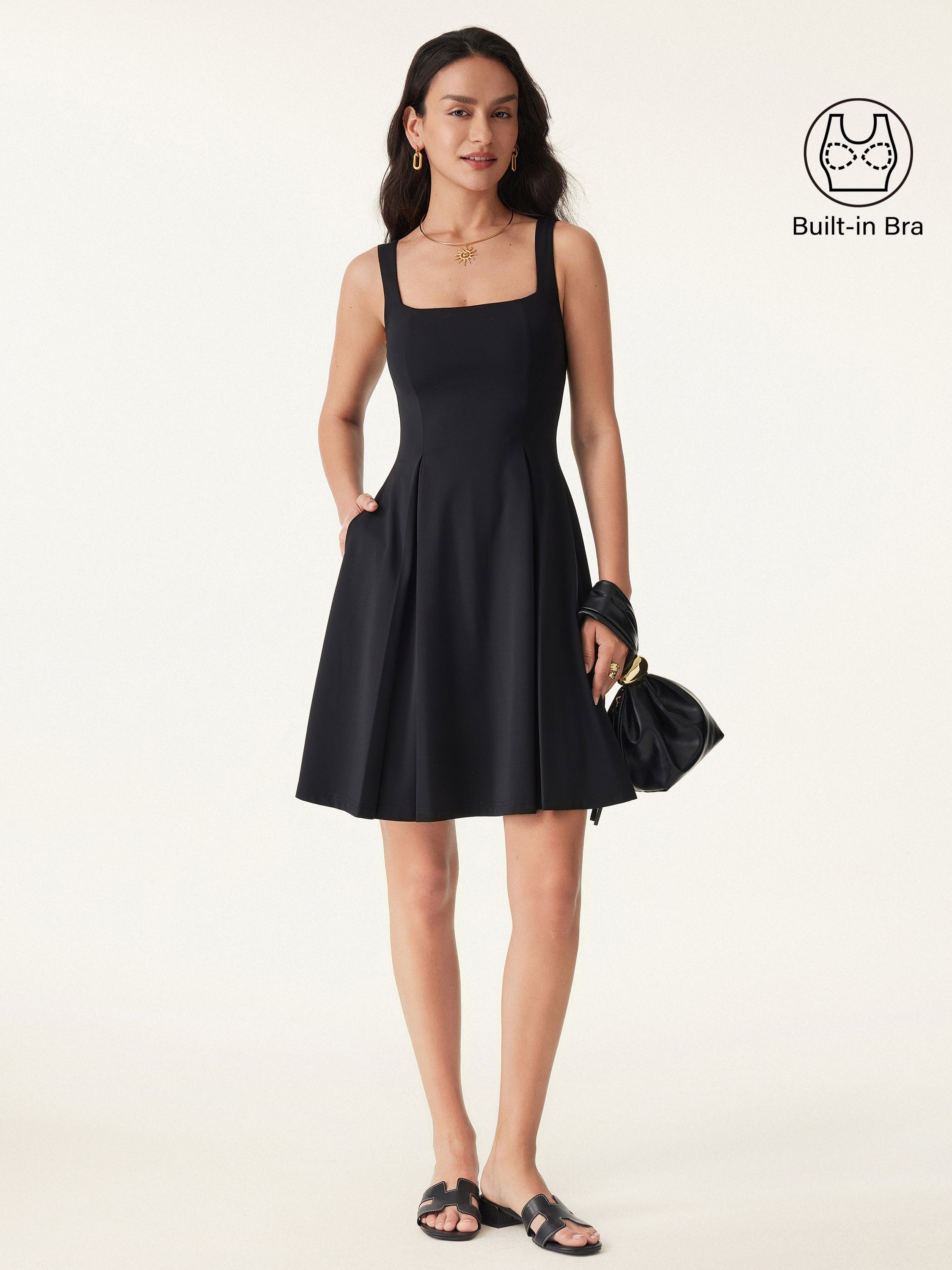 OGLmove Women's Square Neck Fit-and-Flare Mini Bra Dress