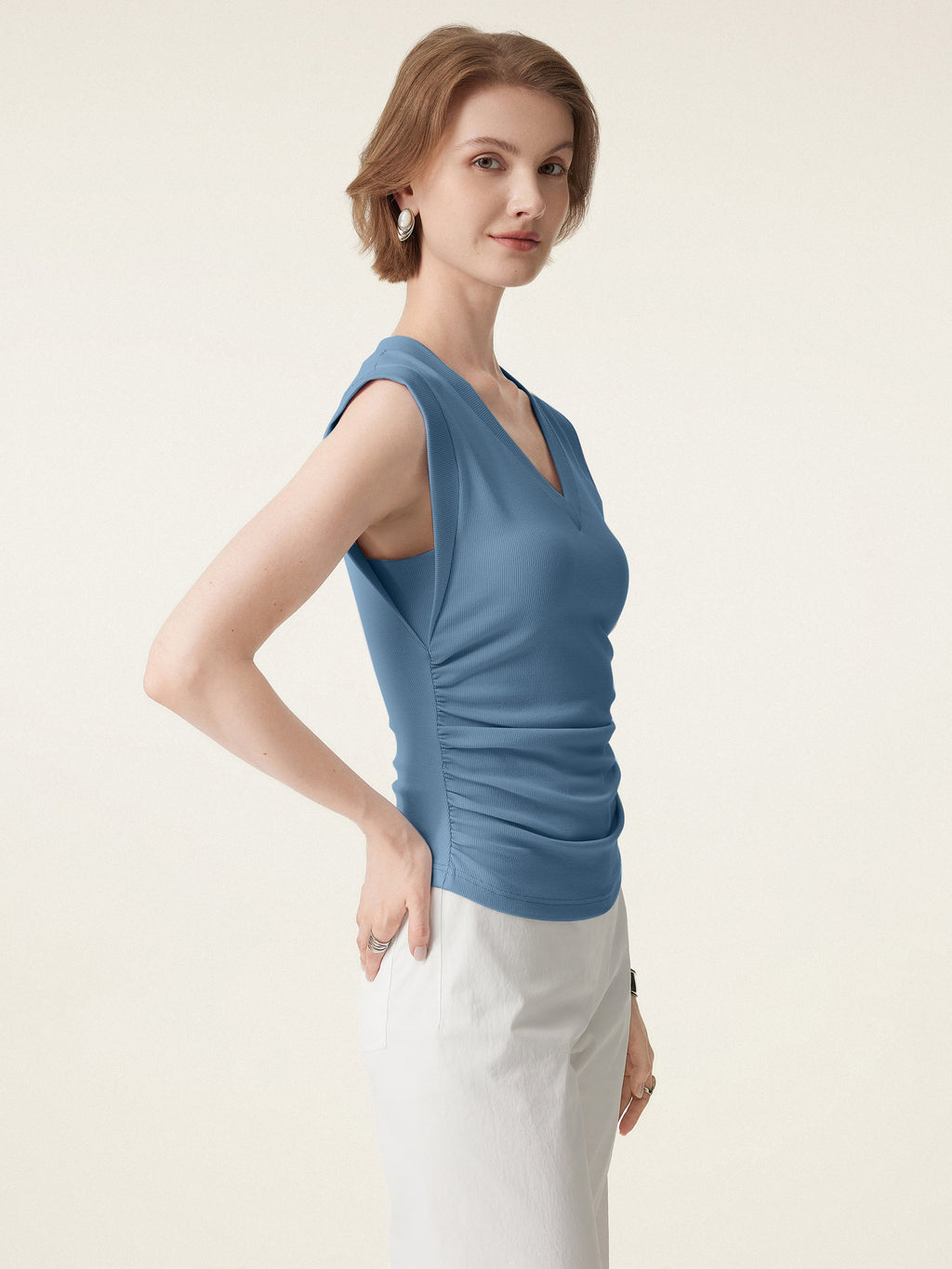 OGLmove Stretch Cotton V-Neck Side Ruched Muscle Bra Top