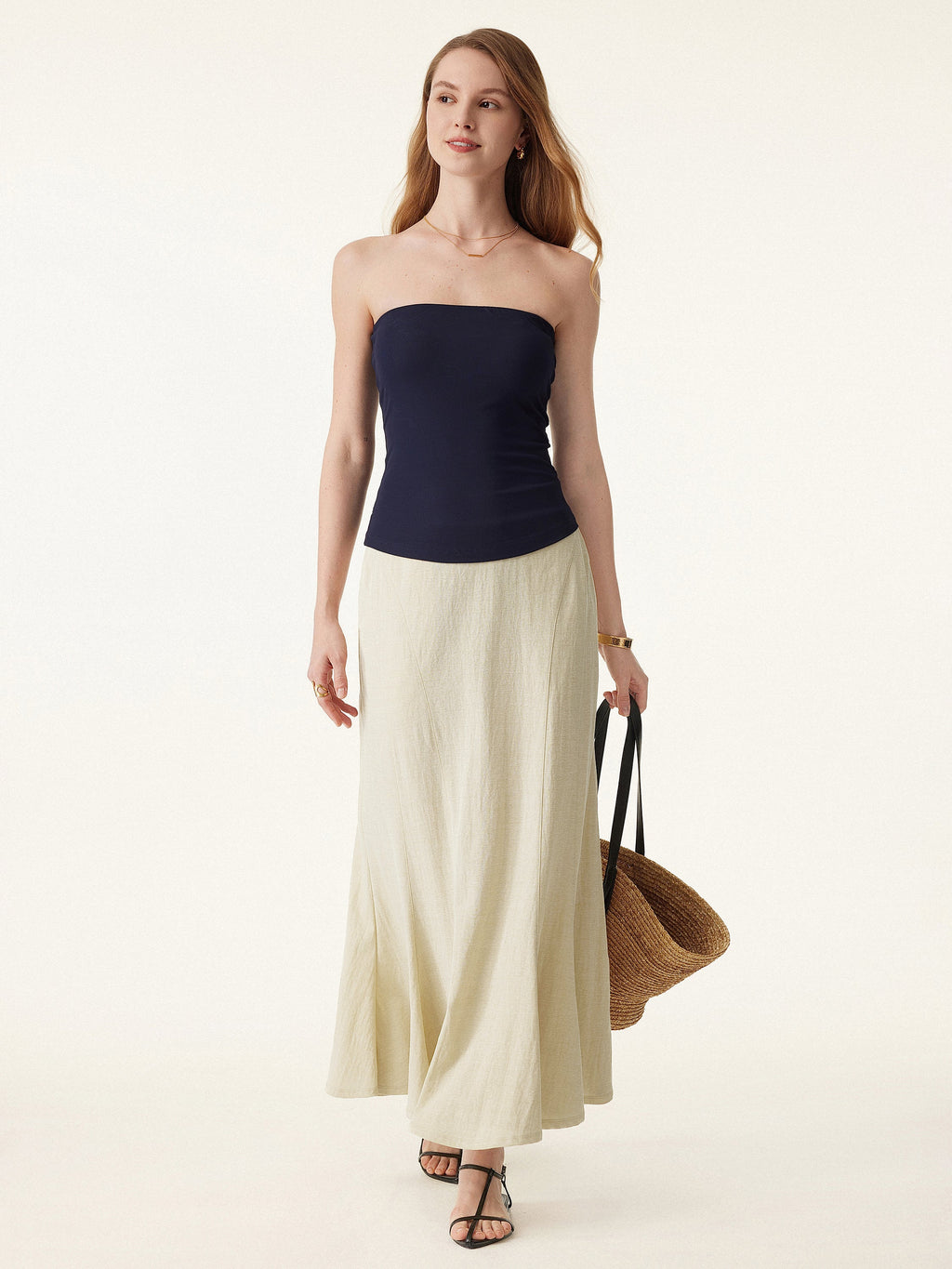 OGLmove Wrinkle-Resistant Cotton-Linen Pull-On Midi Skirt
